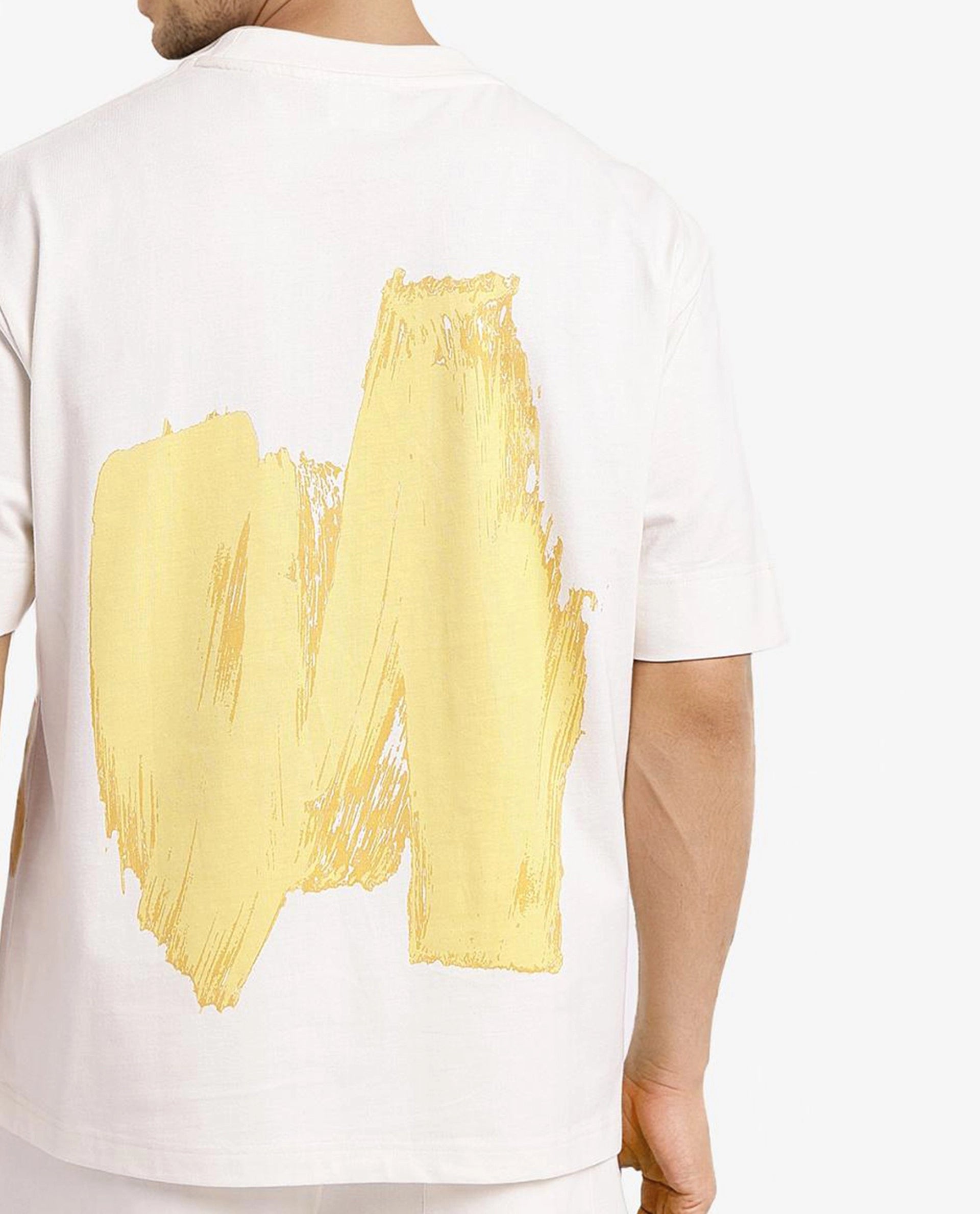 Rare Rabbit Men Jadez Off White Cotton Fabric Short Sleeve Crew Neck Oversized Fit Abstract Graphic Back Print T-Shirt