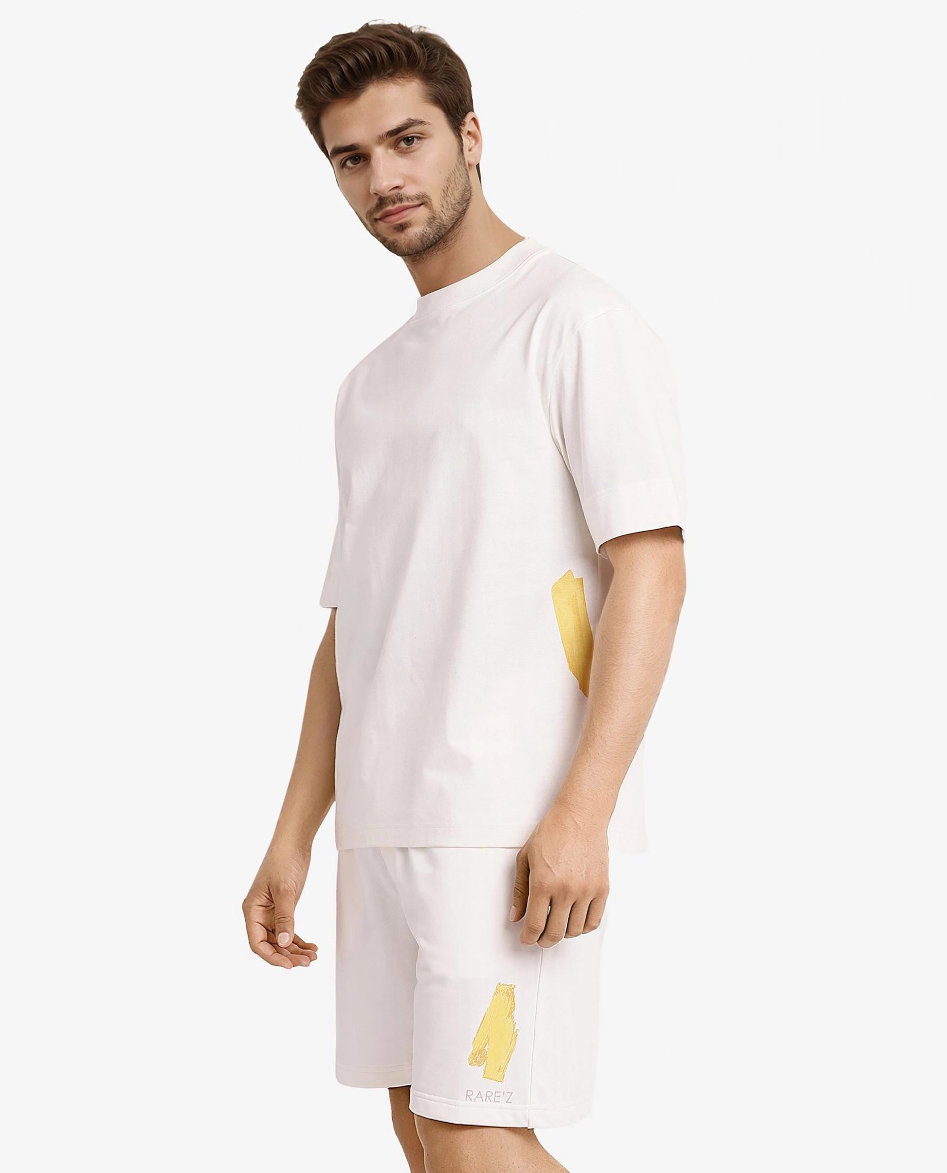 Rare Rabbit Men Jadez Off White Cotton Fabric Short Sleeve Crew Neck Oversized Fit Abstract Graphic Back Print T-Shirt