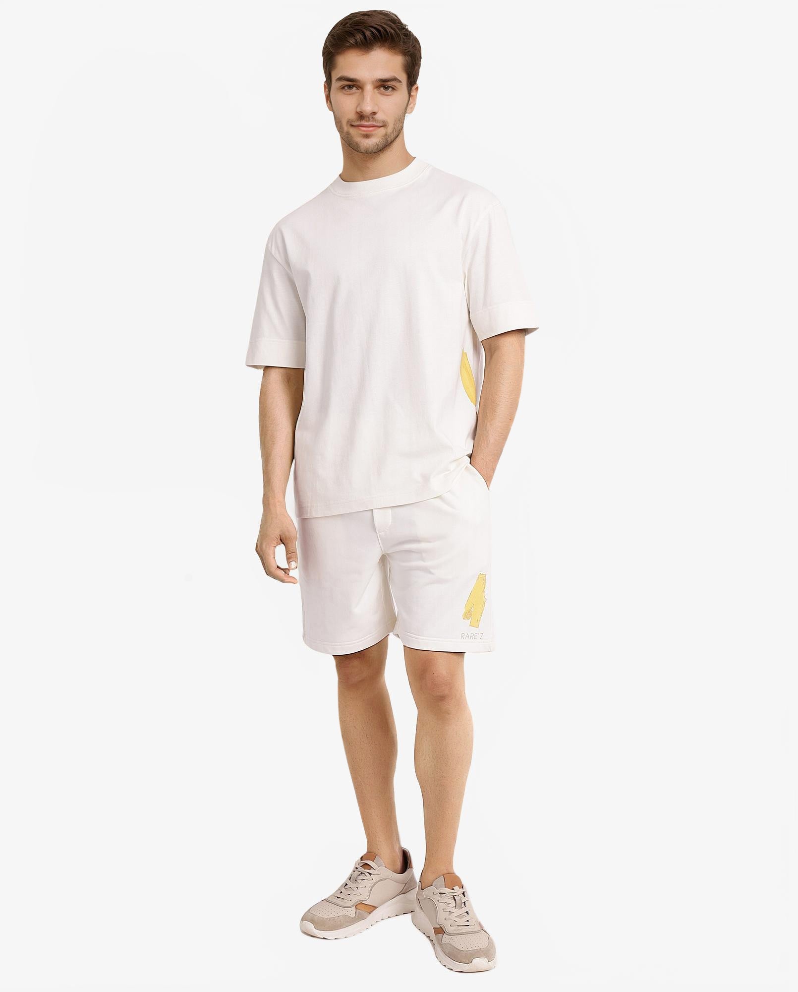 Rare Rabbit Men Jadez-B Off White Cotton Fabric Placement Print Drawstring Closure Oversized Fit Shorts