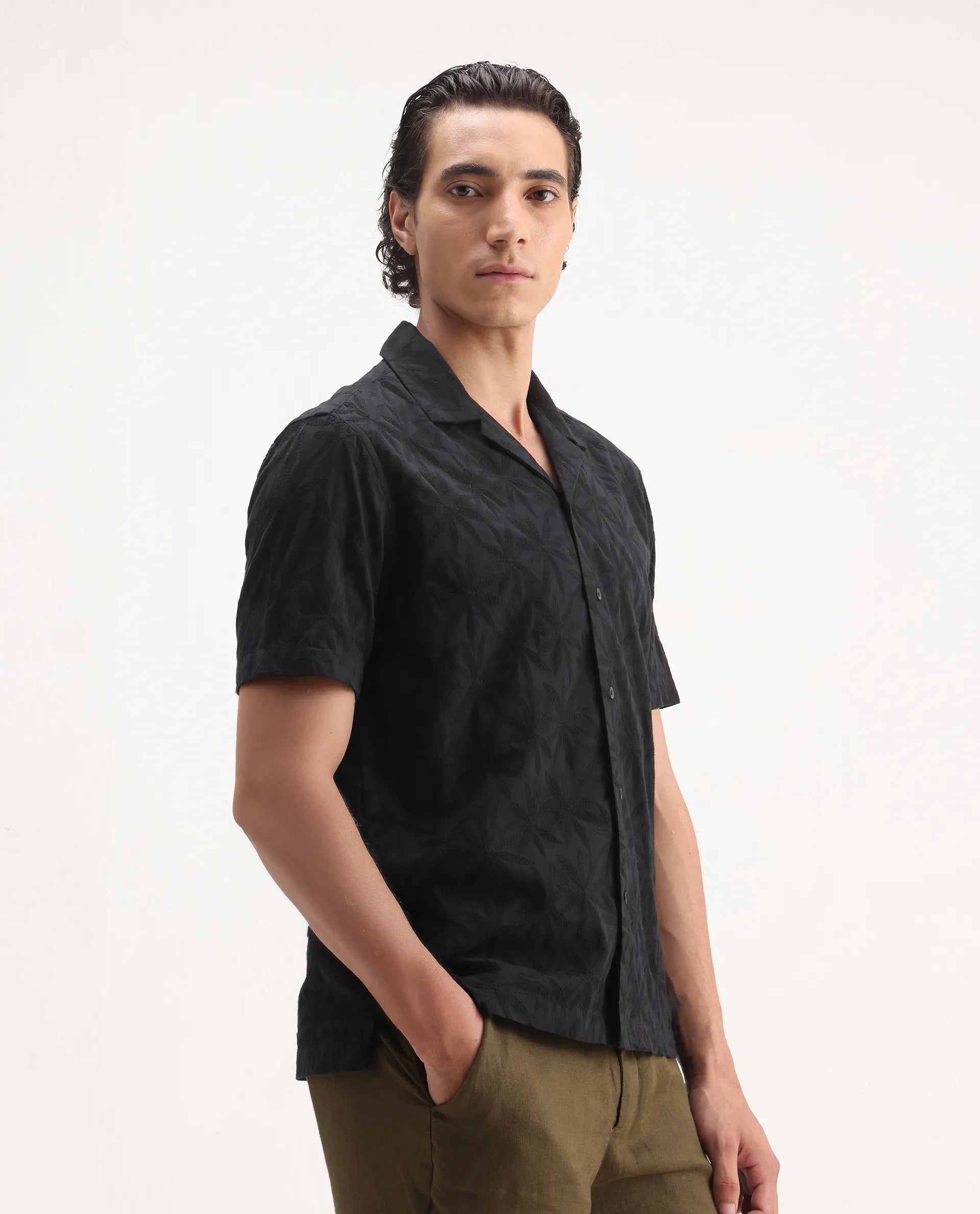 Rare Rabbit Men's Jaff Black Cotton Embroidered Boxy Fit Half Sleeve Cuban Collar Shirt