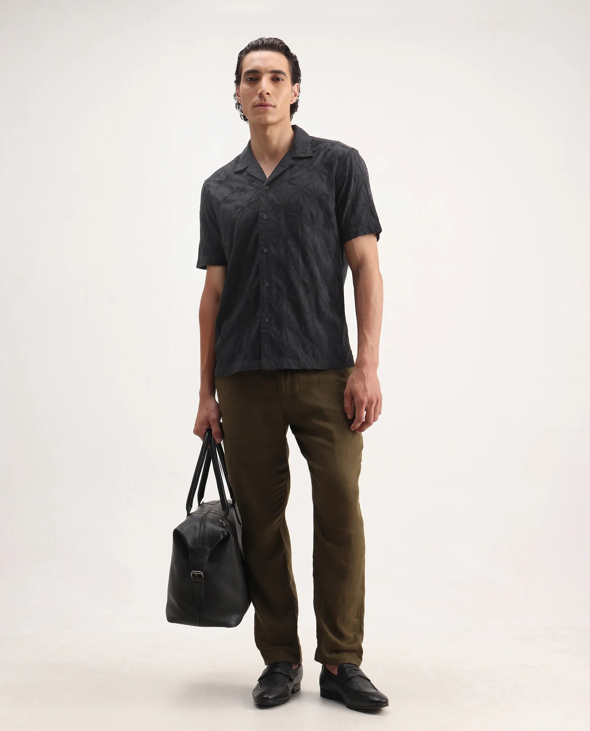 Rare Rabbit Men's Jaff Black Cotton Embroidered Boxy Fit Half Sleeve Cuban Collar Shirt