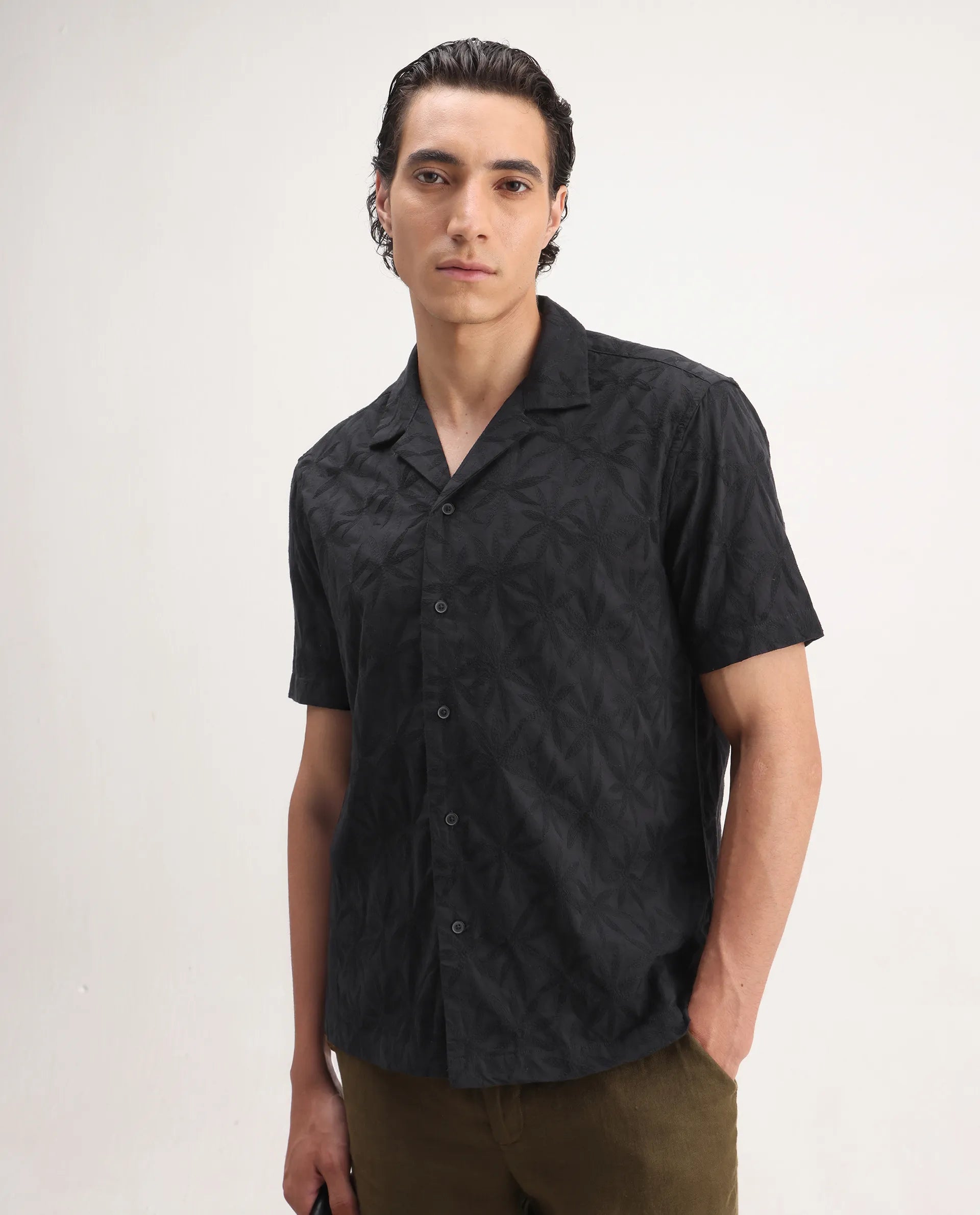 Rare Rabbit Men's Jaff Black Cotton Embroidered Boxy Fit Half Sleeve Cuban Collar Shirt
