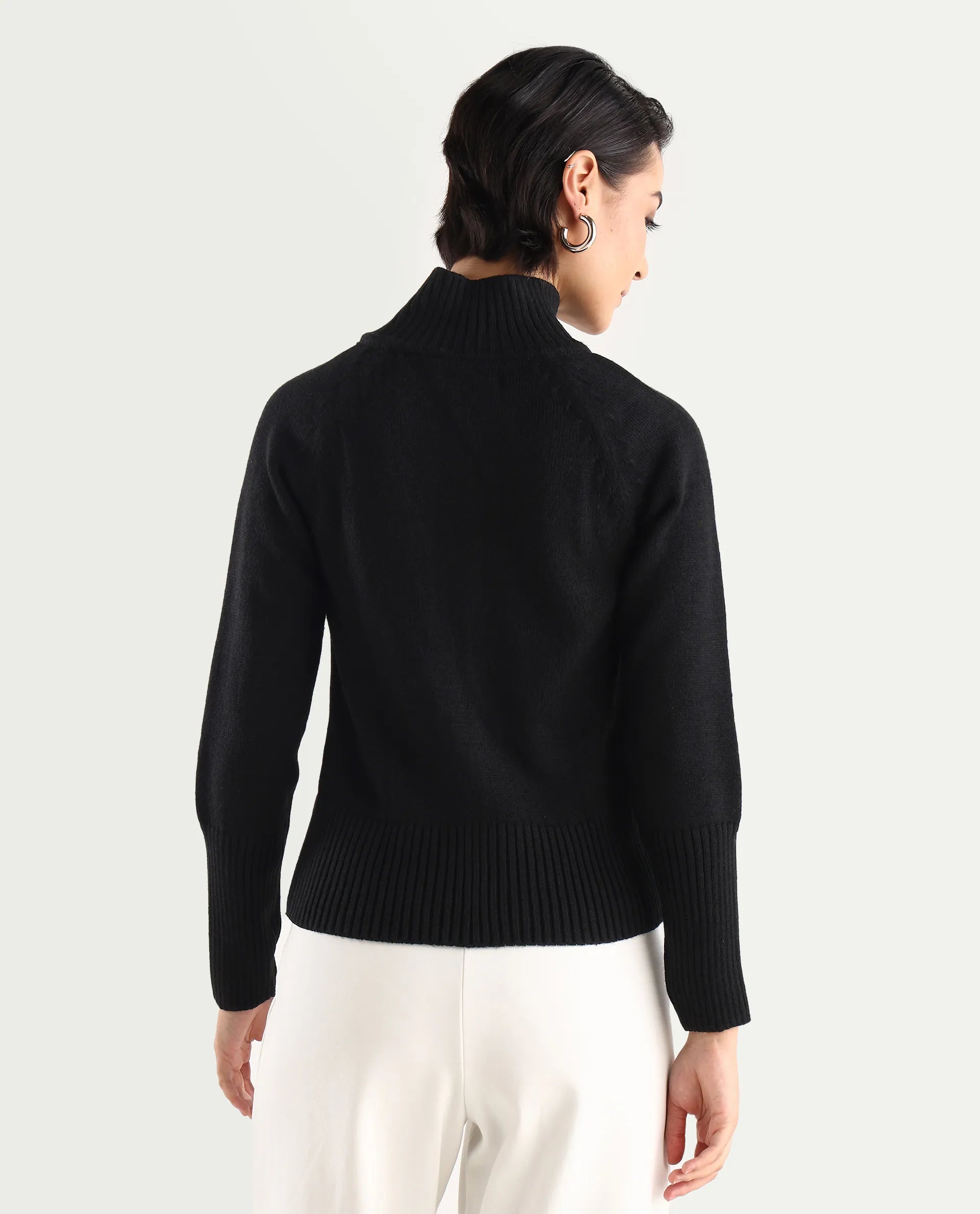 Rareism Women's Jagger Black Acrylic High Neck Plain Raglan Sleeve Relaxed Fit Sweater