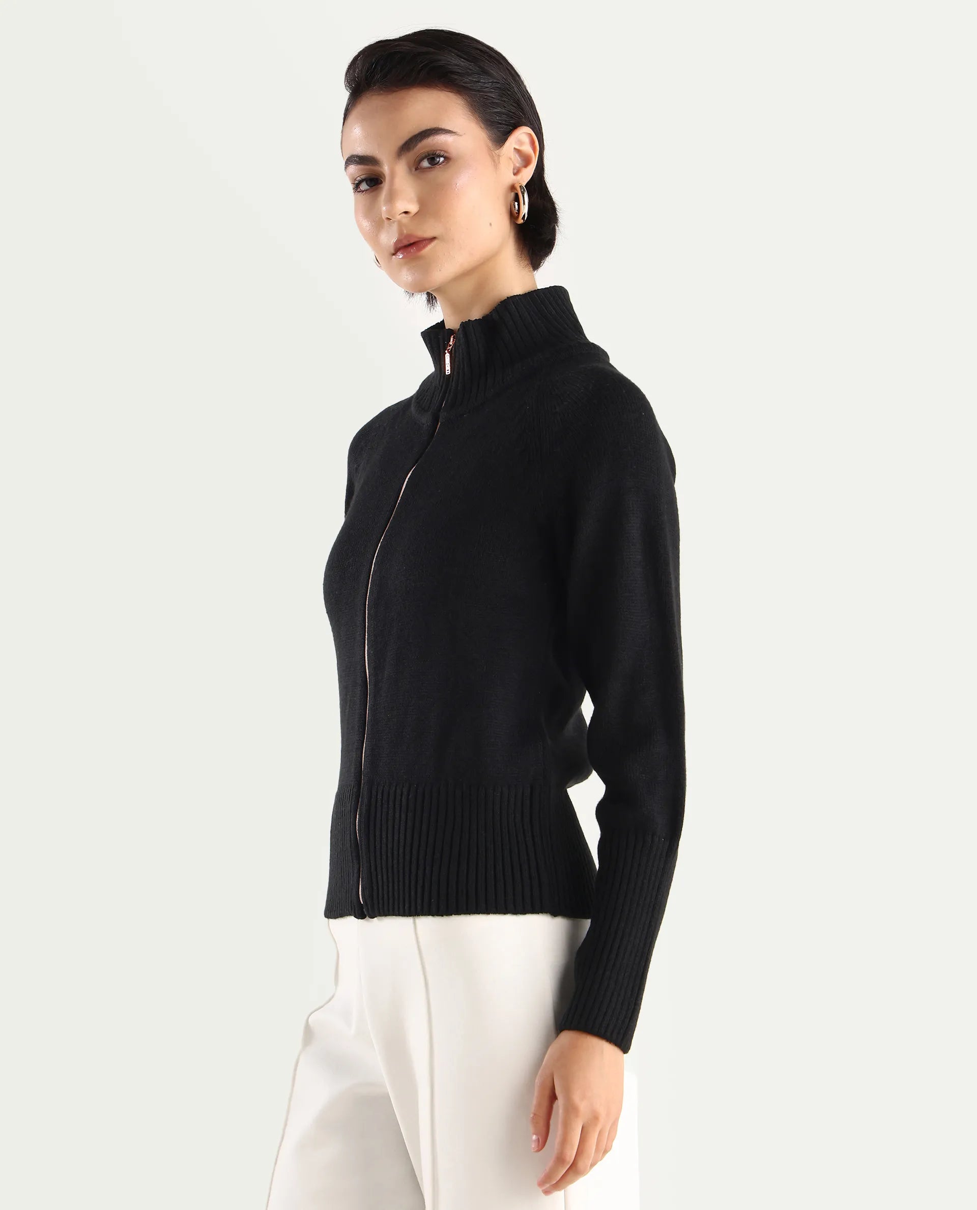 Rareism Women's Jagger Black Acrylic High Neck Plain Raglan Sleeve Relaxed Fit Sweater