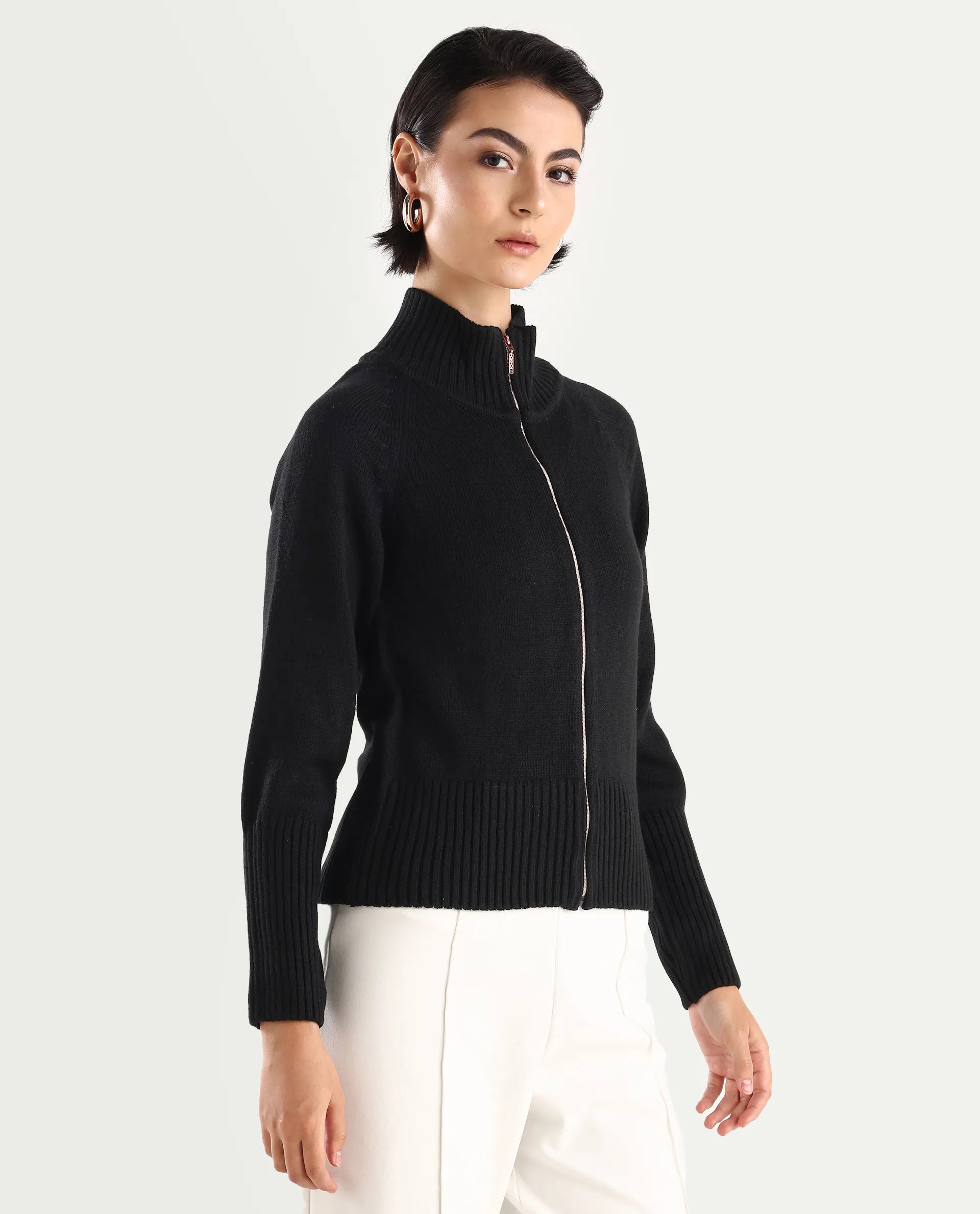 Rareism Women's Jagger Black Acrylic High Neck Plain Raglan Sleeve Relaxed Fit Sweater