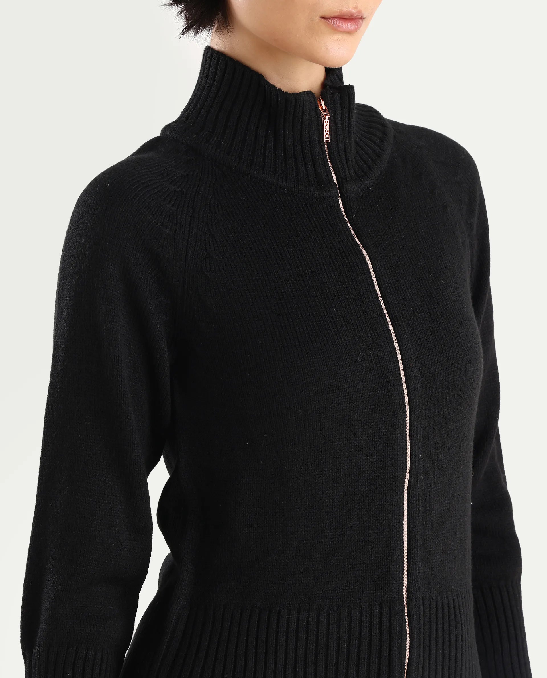 Rareism Women's Jagger Black Acrylic High Neck Plain Raglan Sleeve Relaxed Fit Sweater