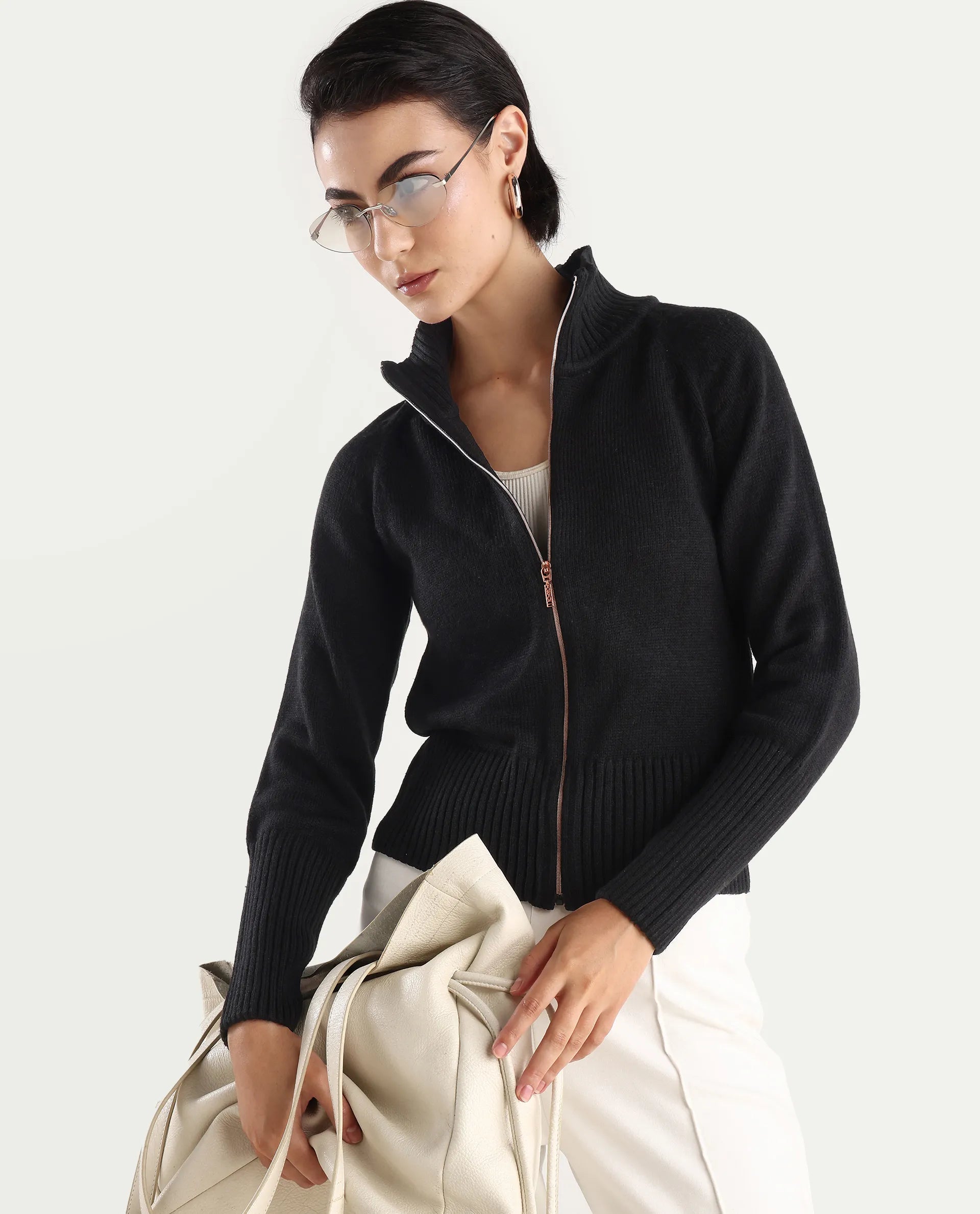 Rareism Women's Jagger Black Acrylic High Neck Plain Raglan Sleeve Relaxed Fit Sweater