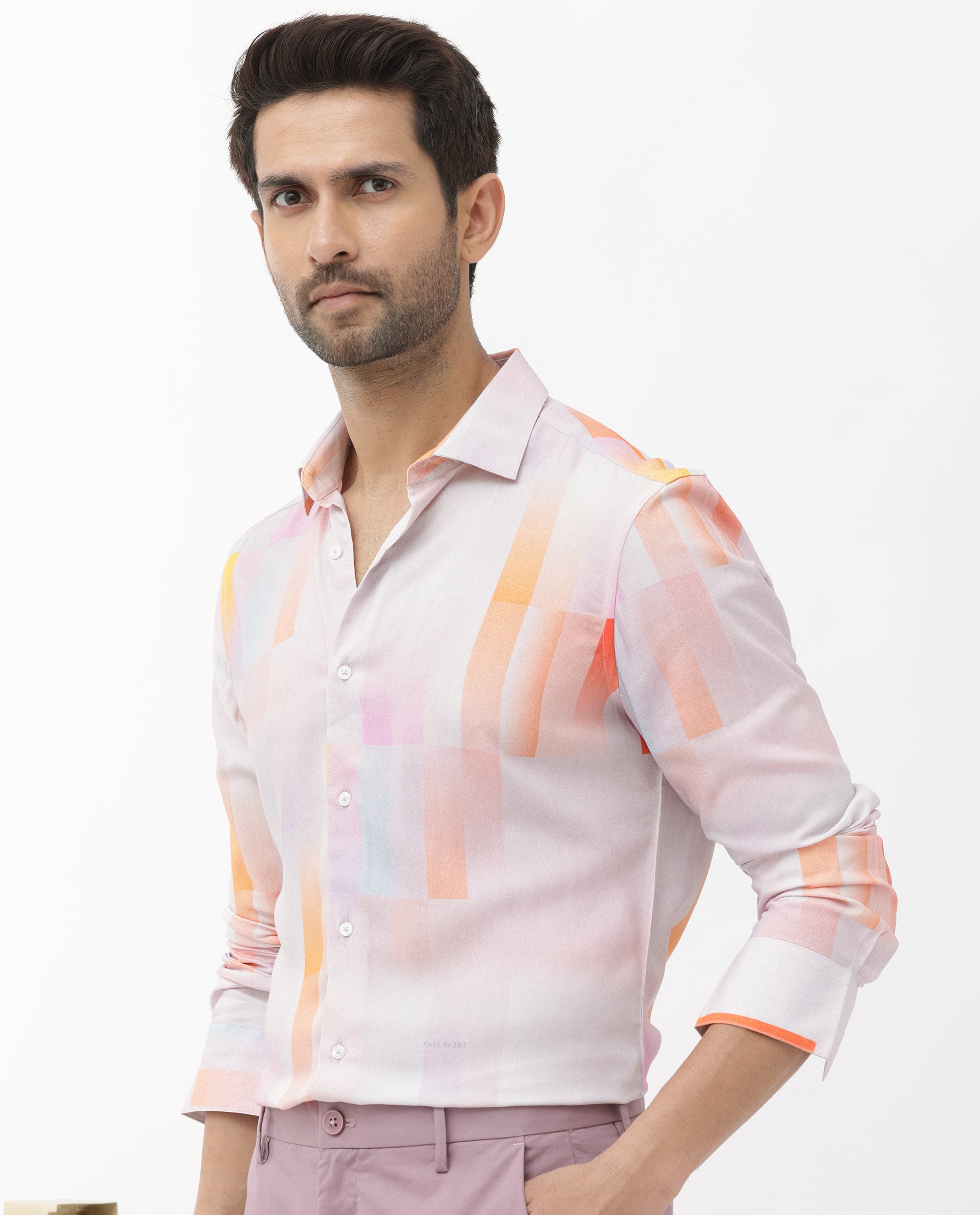 Rare Rabbit Mens Jalic Pastel Purple Viscose Fabric Full Sleeve Abstract Print Shirt