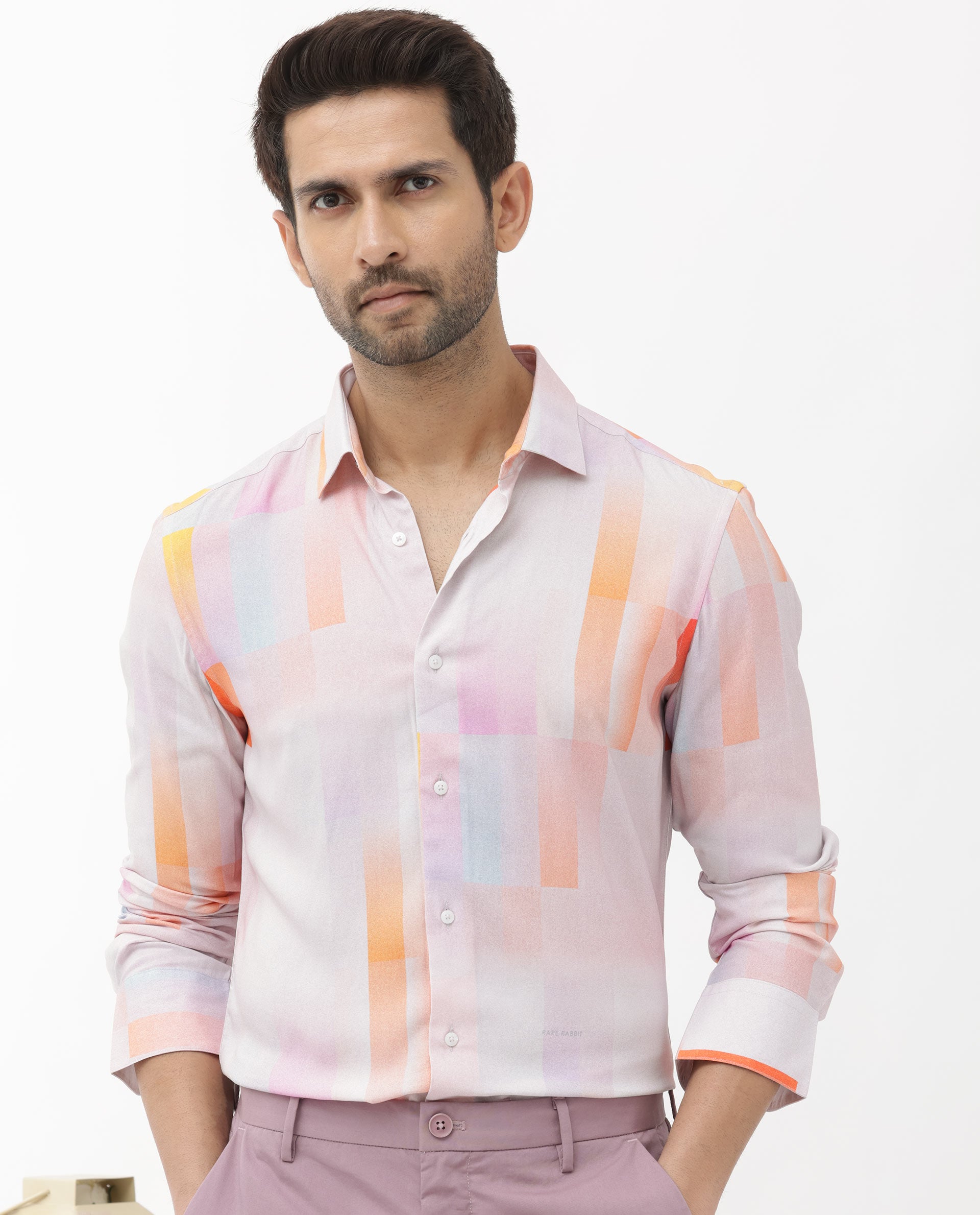 Rare Rabbit Mens Jalic Pastel Purple Viscose Fabric Full Sleeve Abstract Print Shirt