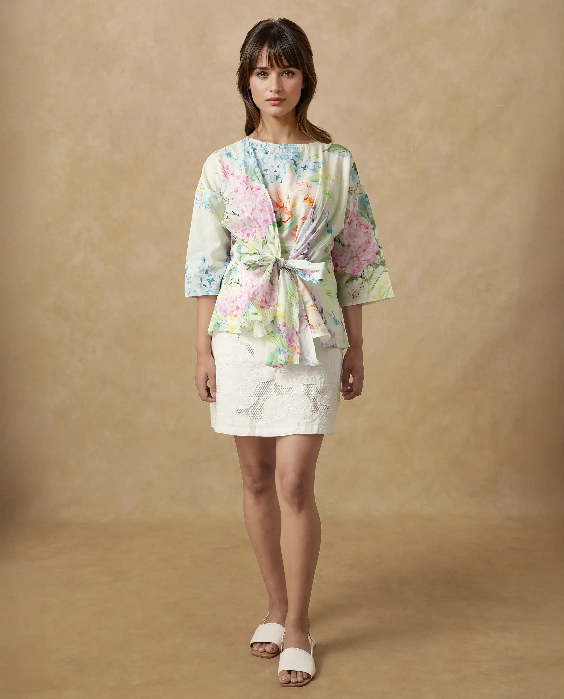 Rareism Women's Jalisco Light Multi Cotton V-Neck Floral Print Extended Sleeves Relaxed Fit Top