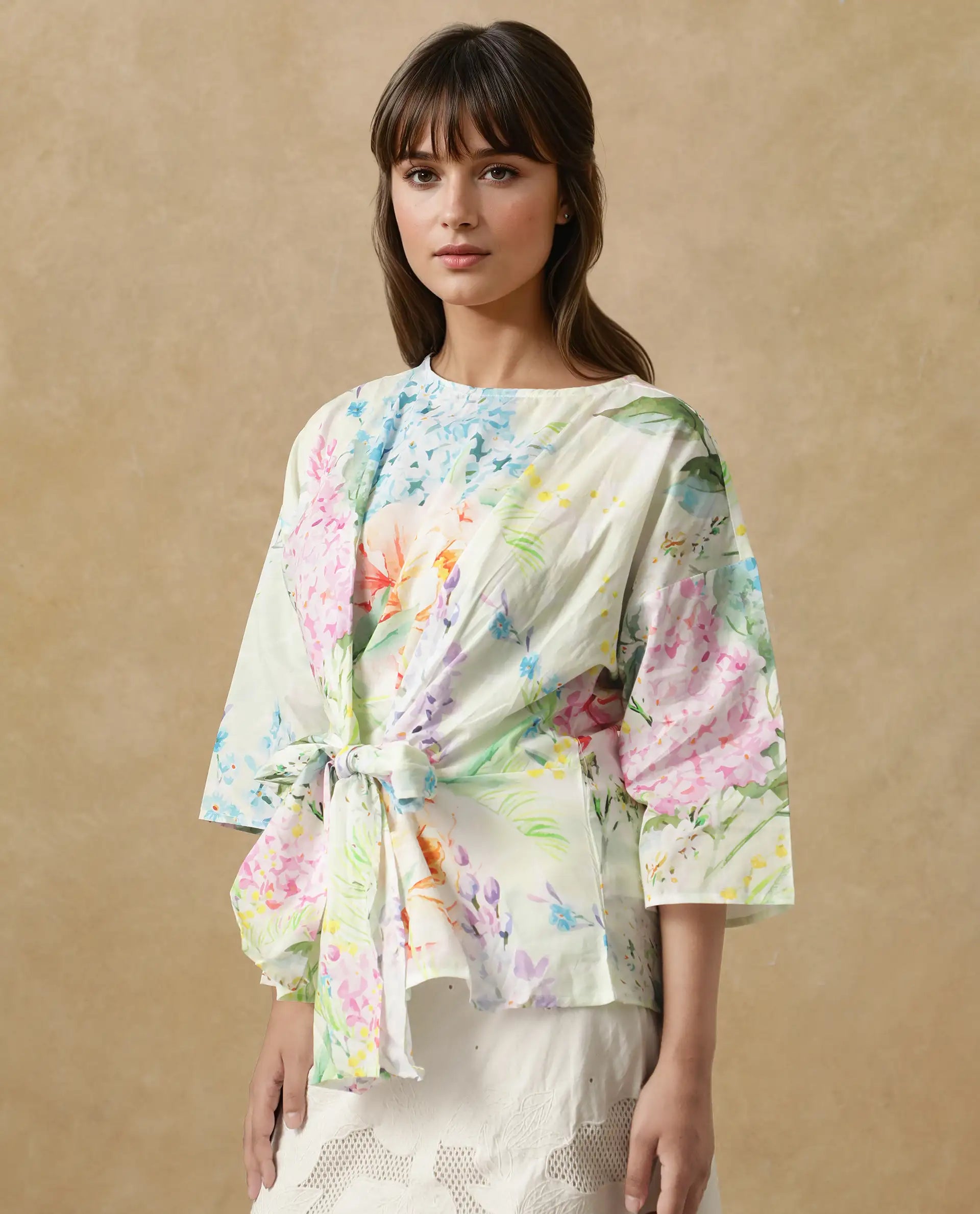 Rareism Women's Jalisco Light Multi Cotton V-Neck Floral Print Extended Sleeves Relaxed Fit Top