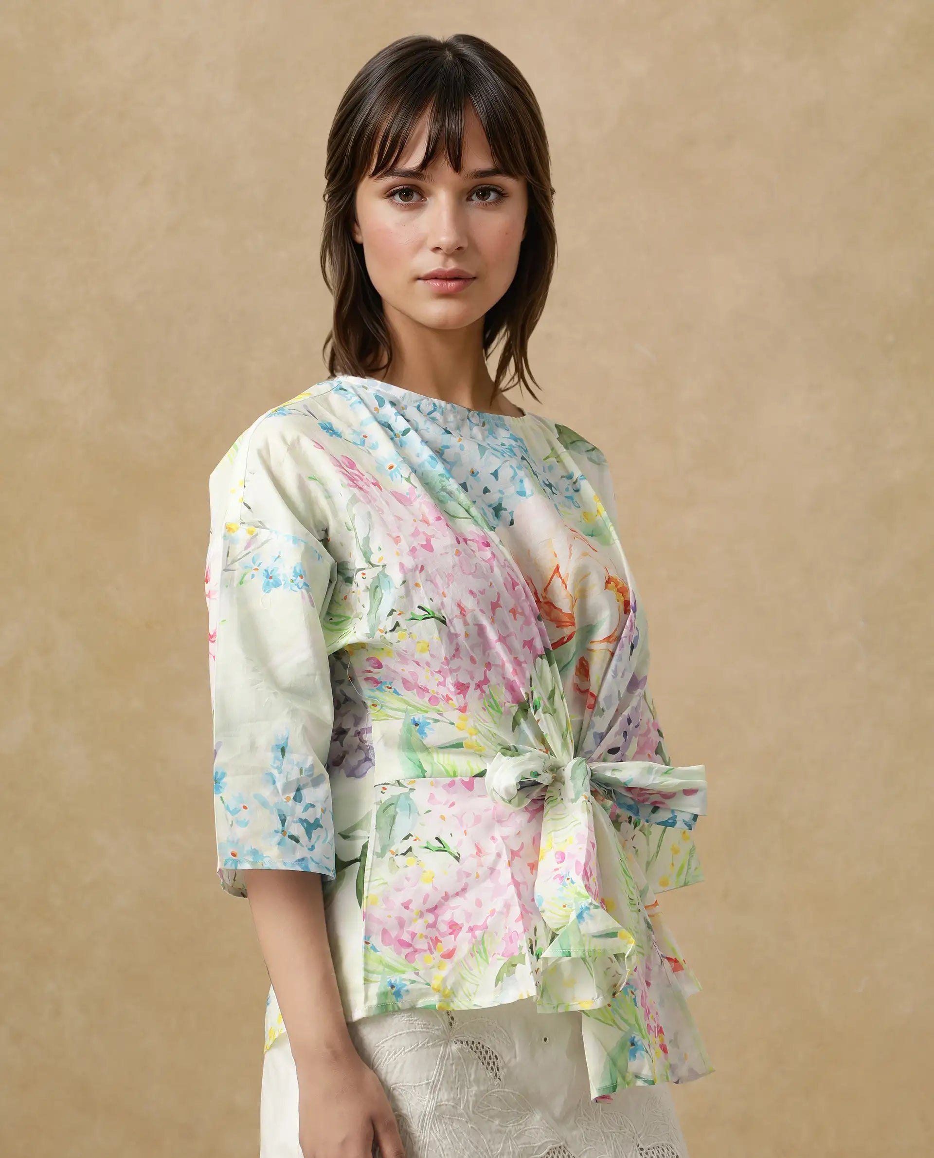 Rareism Women's Jalisco Light Multi Cotton V-Neck Floral Print Extended Sleeves Relaxed Fit Top