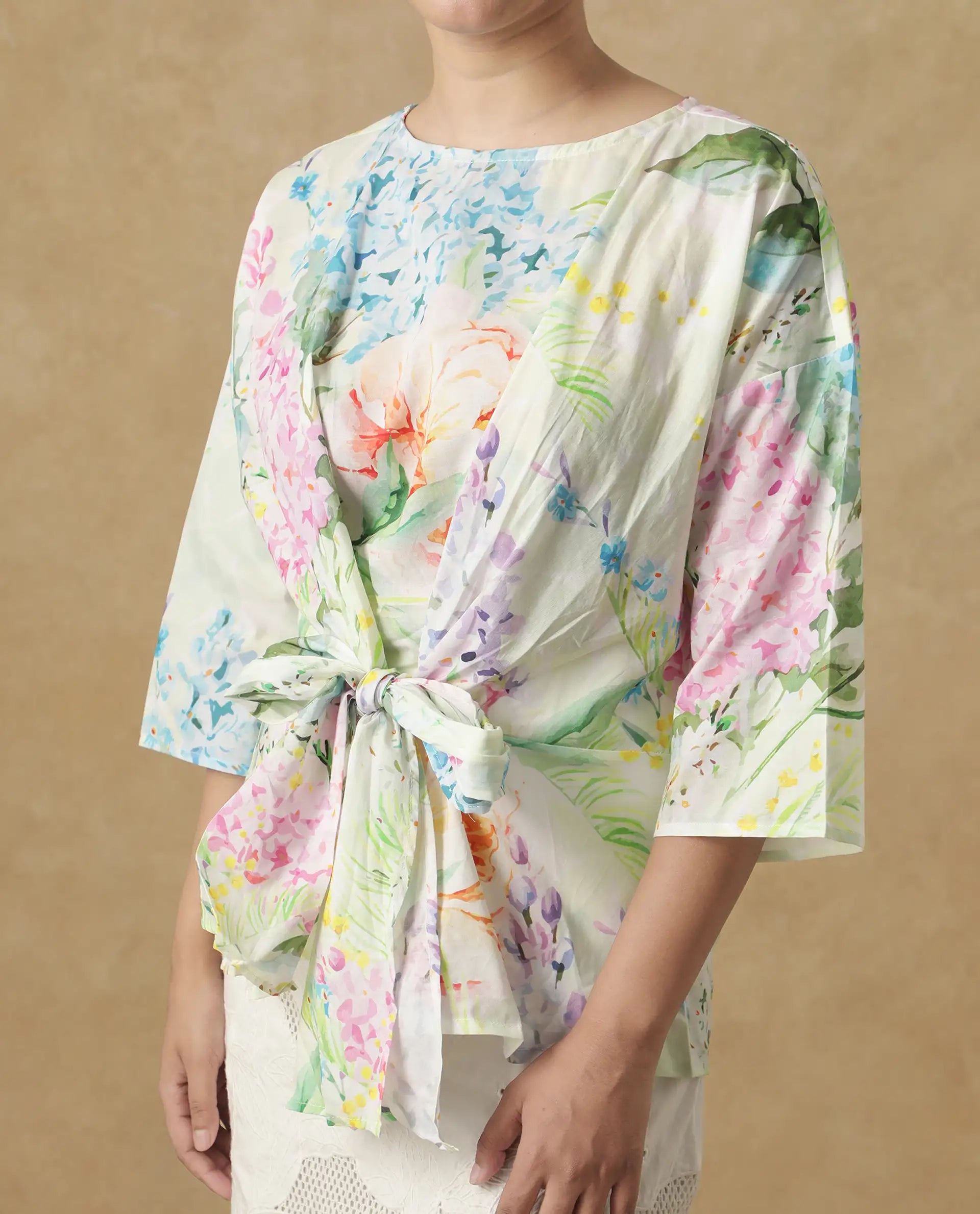 Rareism Women's Jalisco Light Multi Cotton V-Neck Floral Print Extended Sleeves Relaxed Fit Top