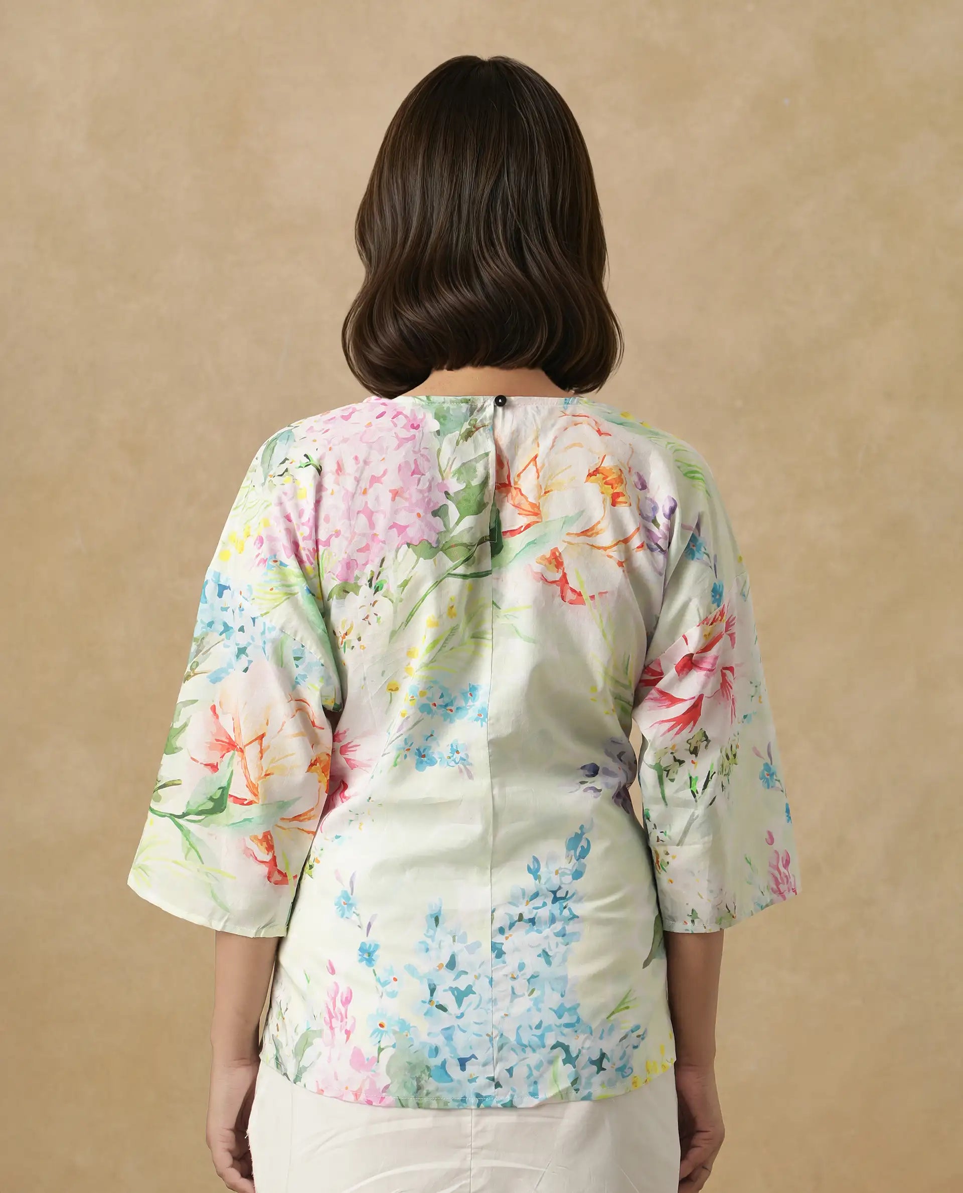 Rareism Women's Jalisco Light Multi Cotton V-Neck Floral Print Extended Sleeves Relaxed Fit Top