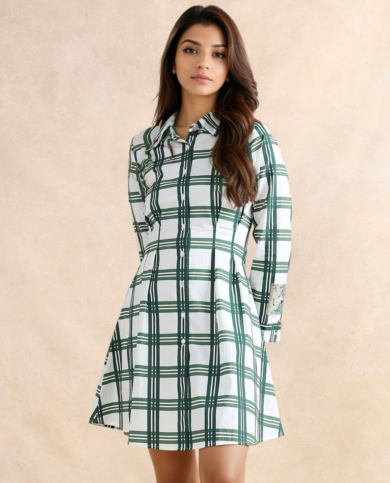 Rareism Women Jalopim Light Ecru Cotton Fabric Cuffed Sleeve Collared Neck Button Closure Fit And Flare Mini Printed Dress