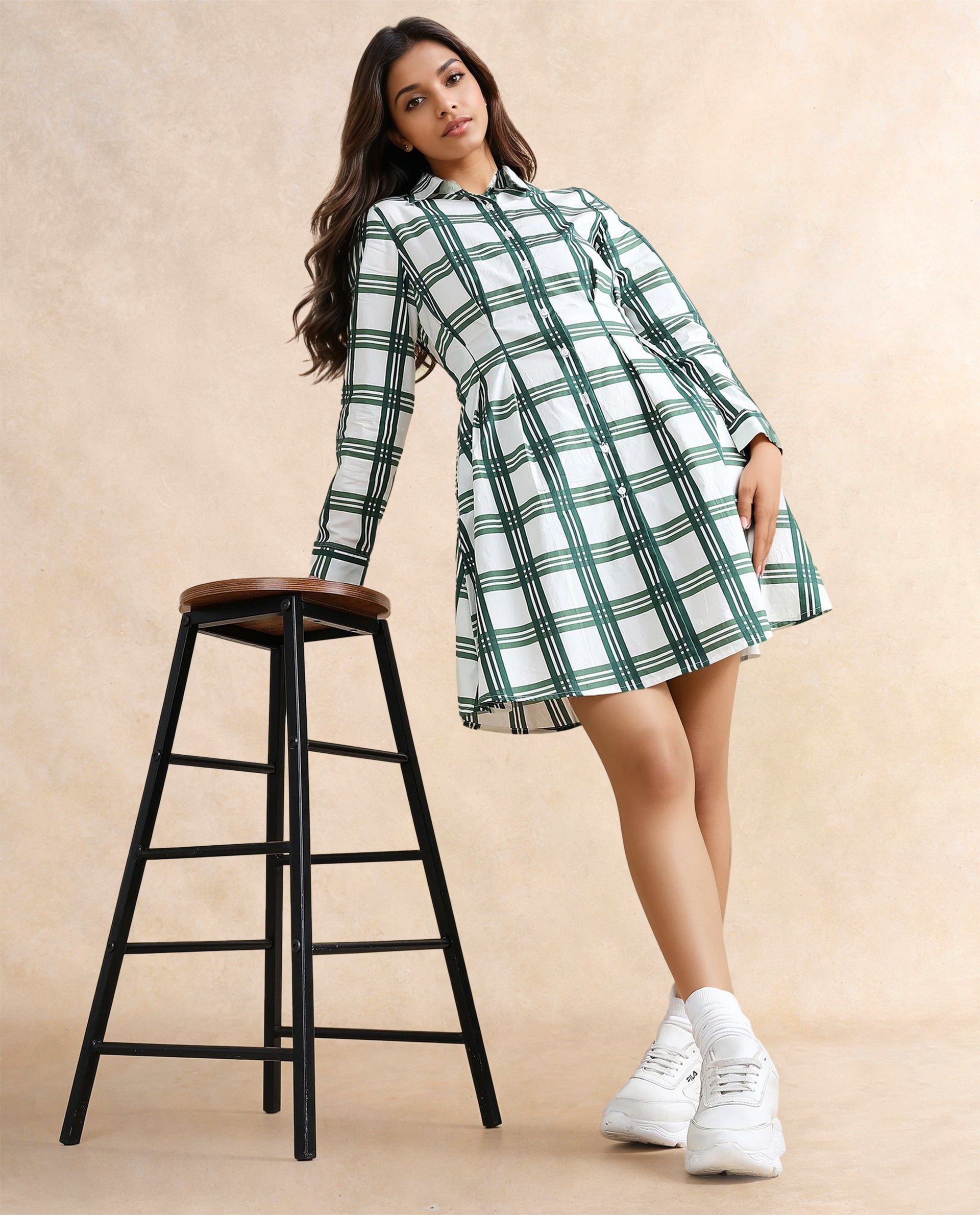 Rareism Women Jalopim Light Ecru Cotton Fabric Cuffed Sleeve Collared Neck Button Closure Fit And Flare Mini Printed Dress