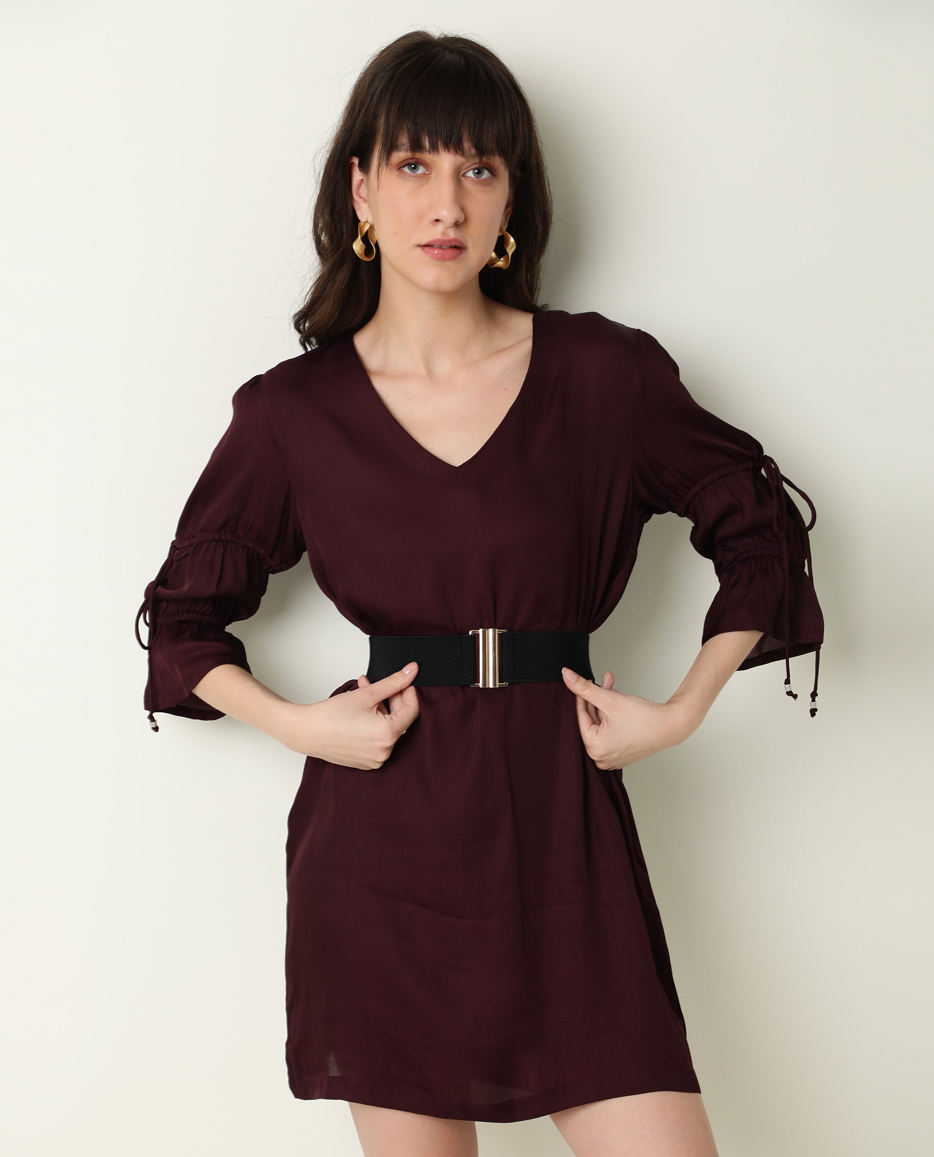 Rareism Women Jamm Maroon V Neck 3/4 Sleeves With Tie Up Mini Dress