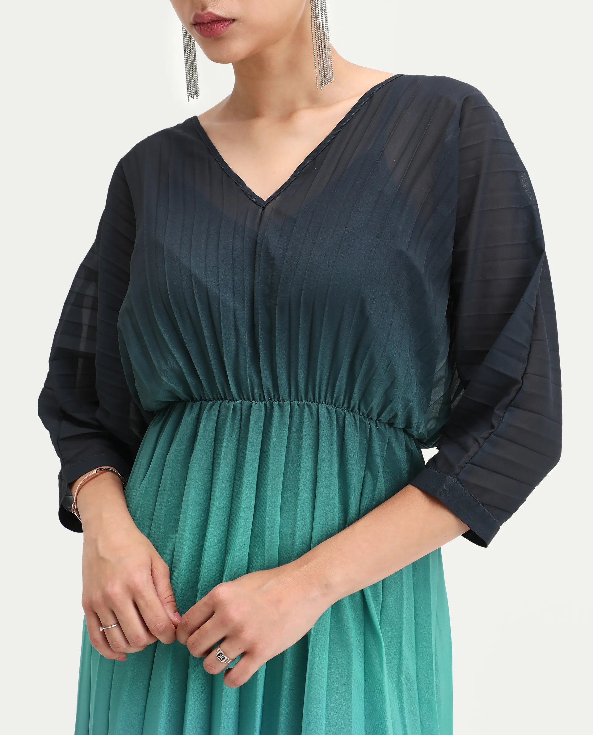 Rareism Women's Janambi Dark Blue Polyester V-Neck Ombre Kimono Sleeve Maxi Flared Dress