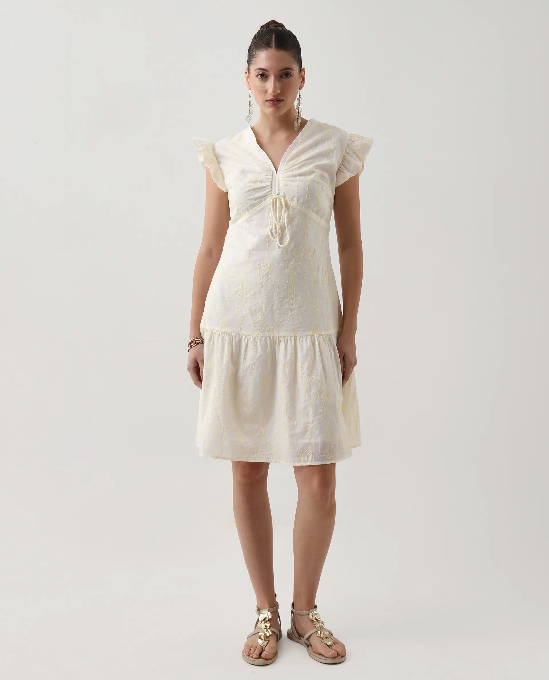 Rareism Women's Janarivi Off White Cotton V-Neck Embroidered Ruffled Sleeve Knee Length Fit And Flare Dress