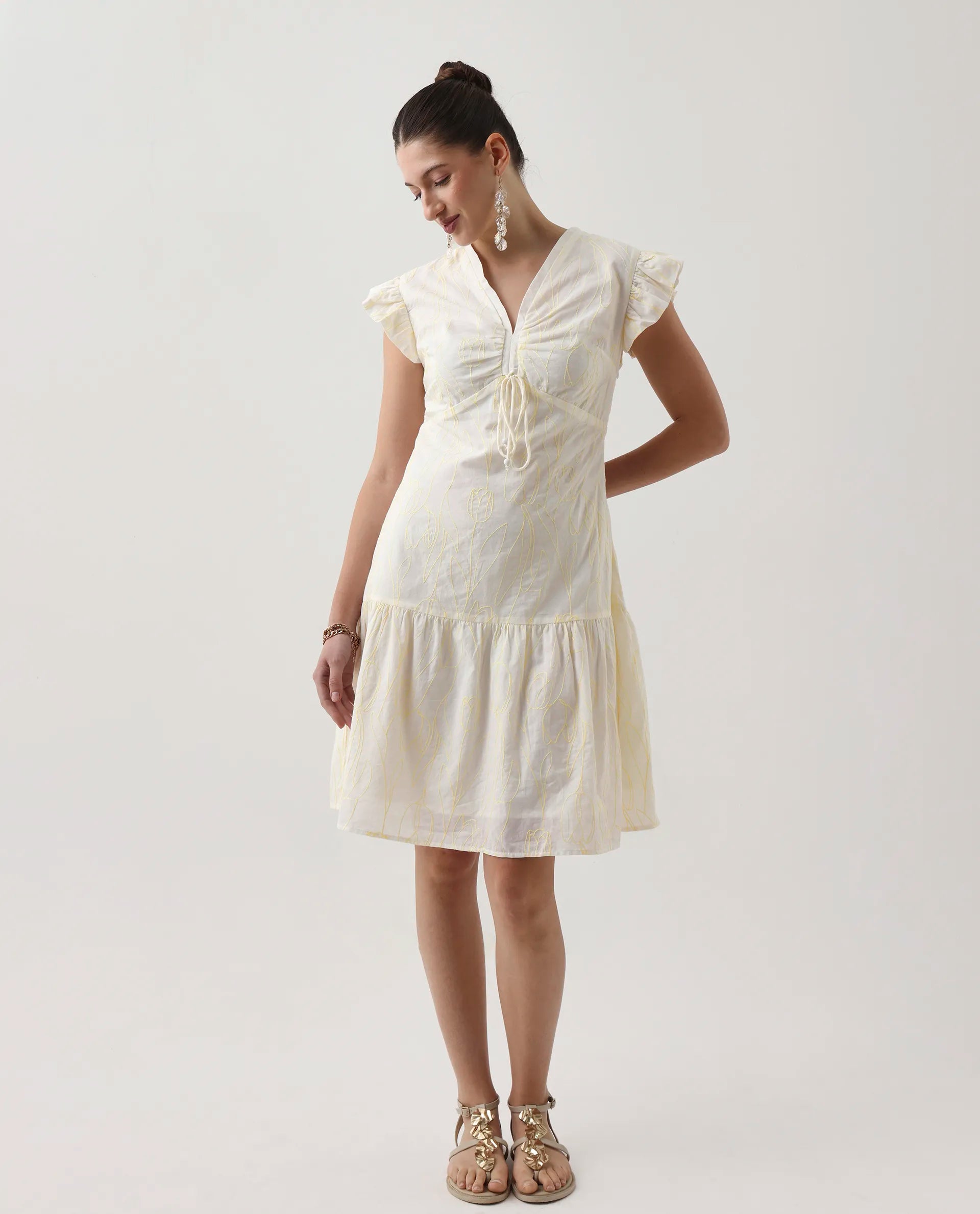 Rareism Women's Janarivi Off White Cotton V-Neck Embroidered Ruffled Sleeve Knee Length Fit And Flare Dress