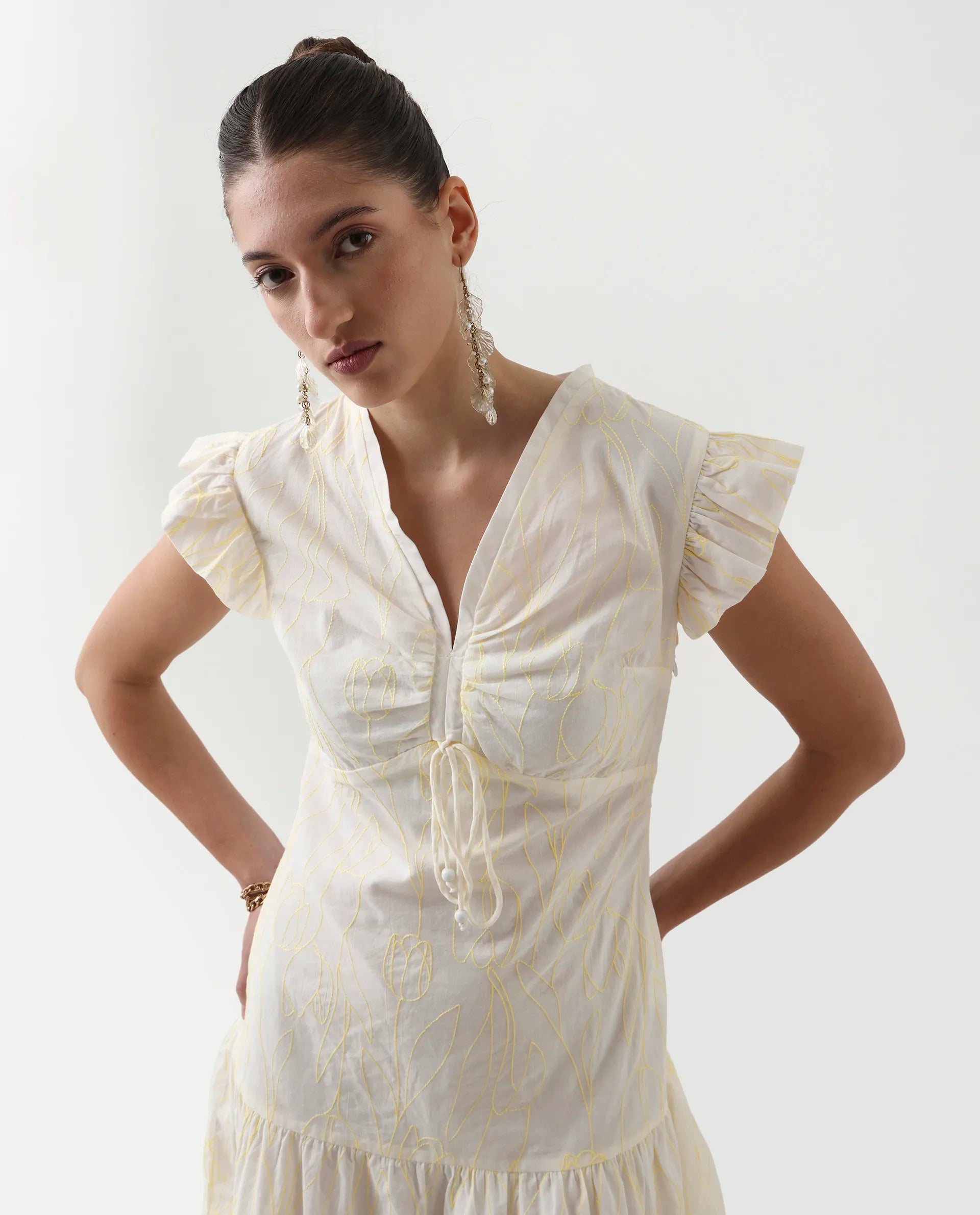 Rareism Women's Janarivi Off White Cotton V-Neck Embroidered Ruffled Sleeve Knee Length Fit And Flare Dress