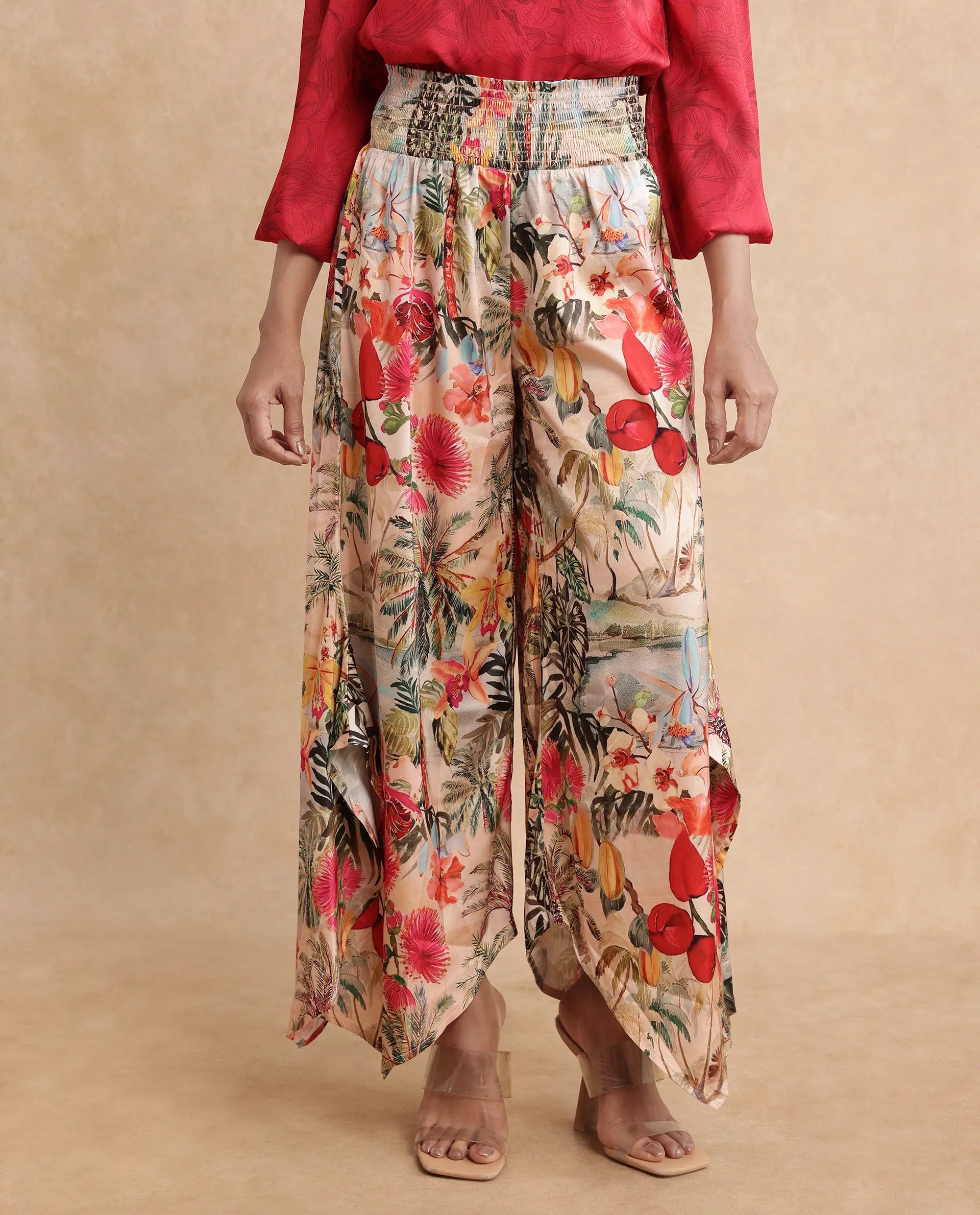 Rareism Women's Janary Multi Cotton Blend Tropical Print Ankle Length Flared Trouser