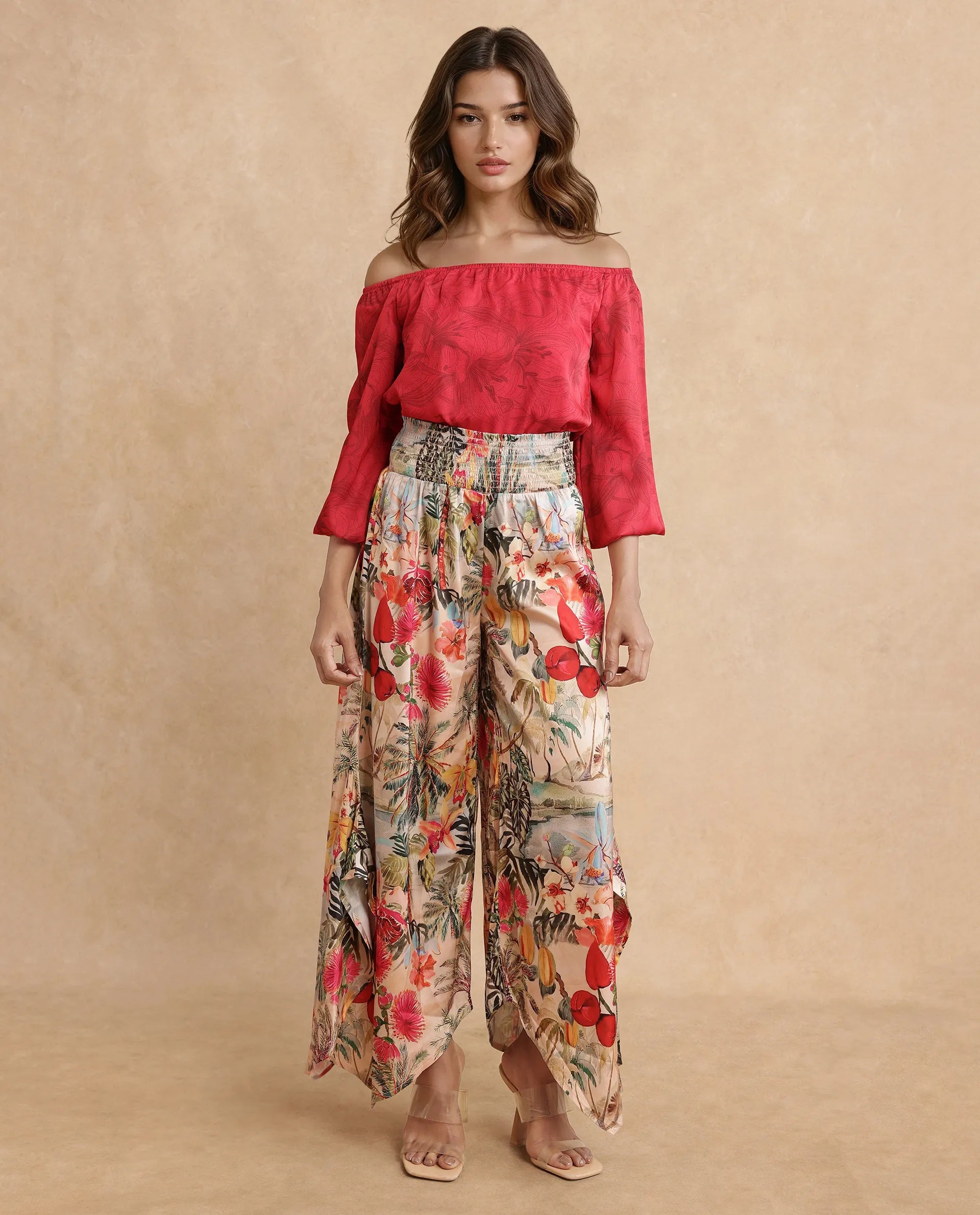 Rareism Women's Janary Multi Cotton Blend Tropical Print Ankle Length Flared Trouser