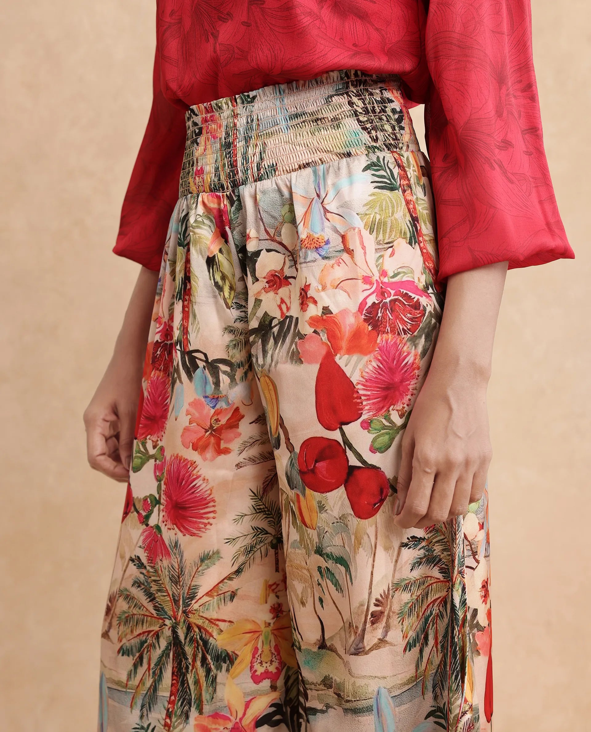 Rareism Women's Janary Multi Cotton Blend Tropical Print Ankle Length Flared Trouser