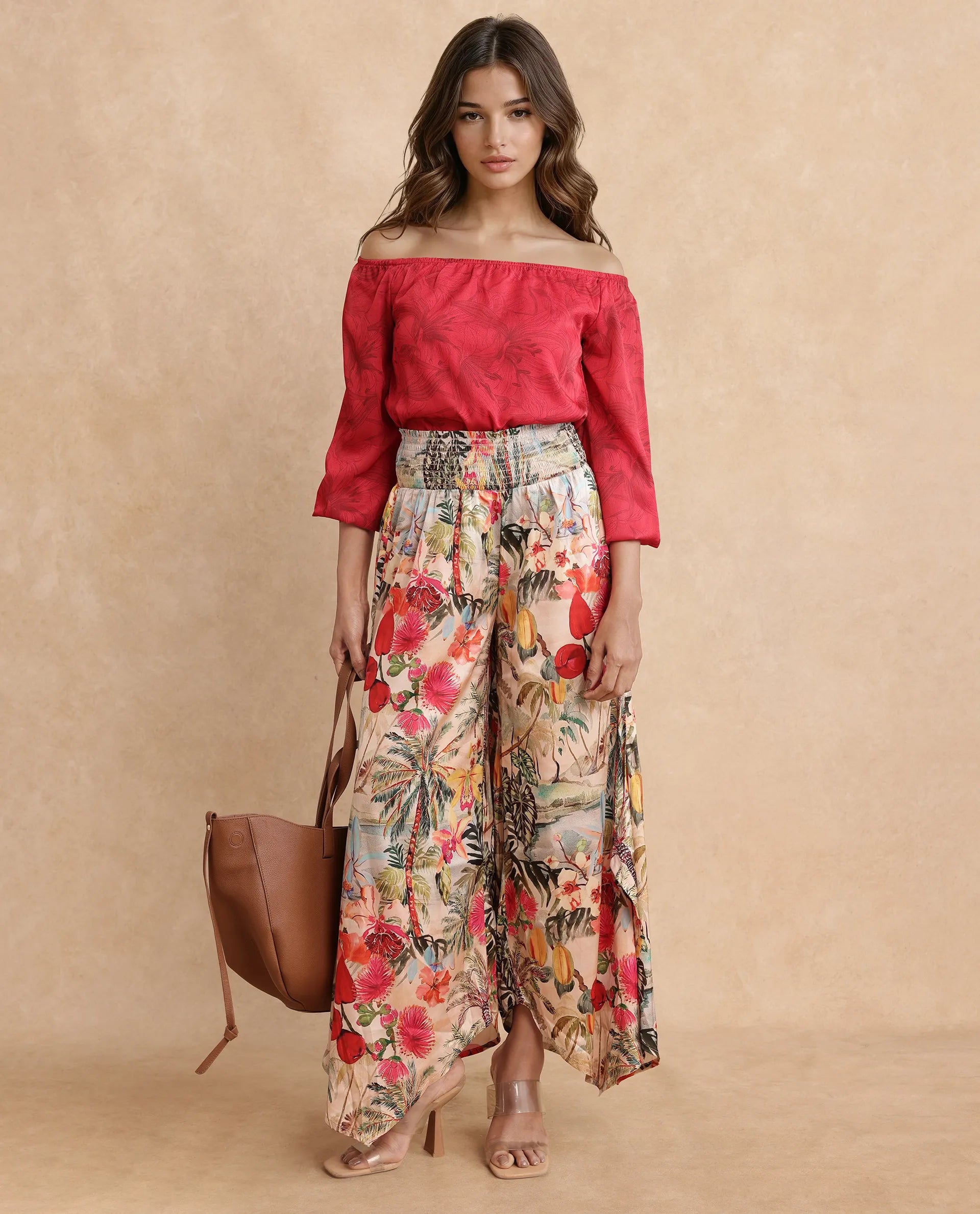 Rareism Women's Janary Multi Cotton Blend Tropical Print Ankle Length Flared Trouser