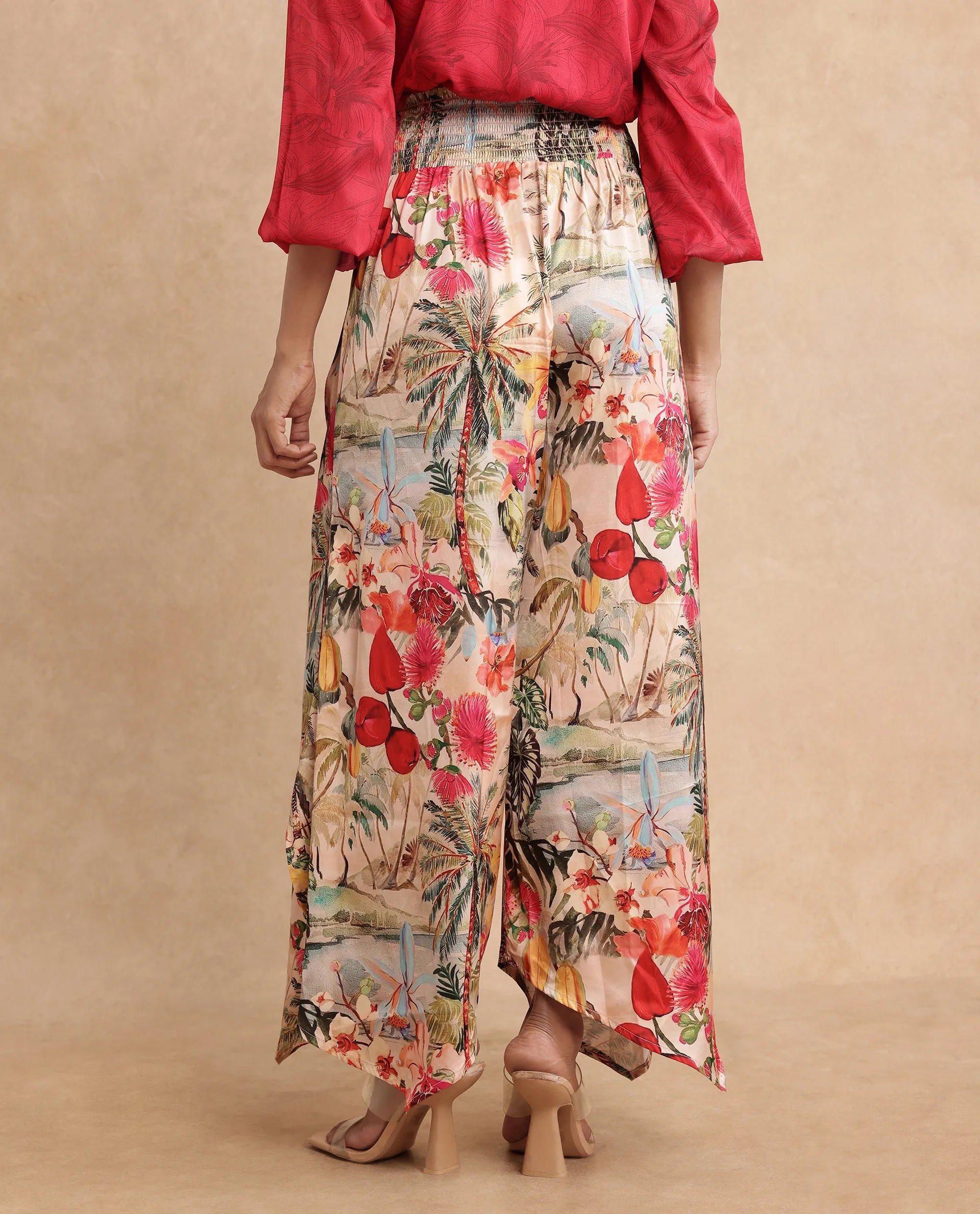 Rareism Women's Janary Multi Cotton Blend Tropical Print Ankle Length Flared Trouser