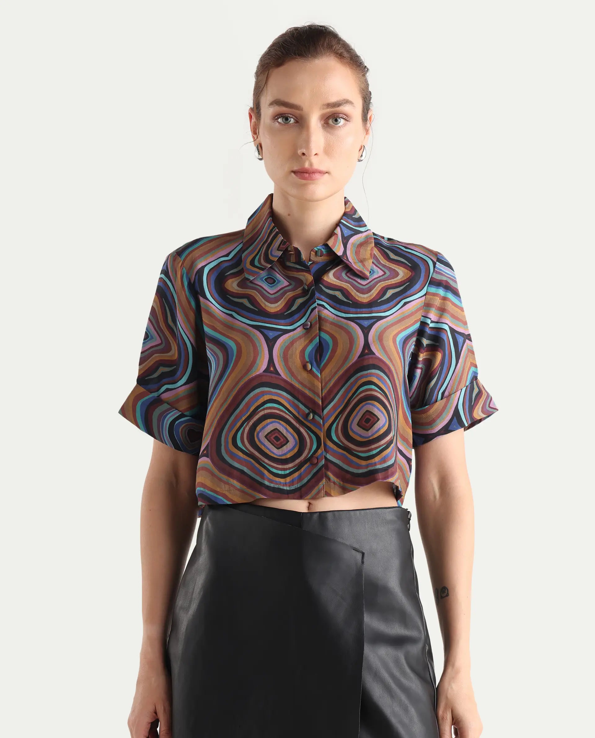 Rareism Women's Janber Dark Multi Viscose Blend Spread Collar Abstract Print Crop Regular Fit Shirt
