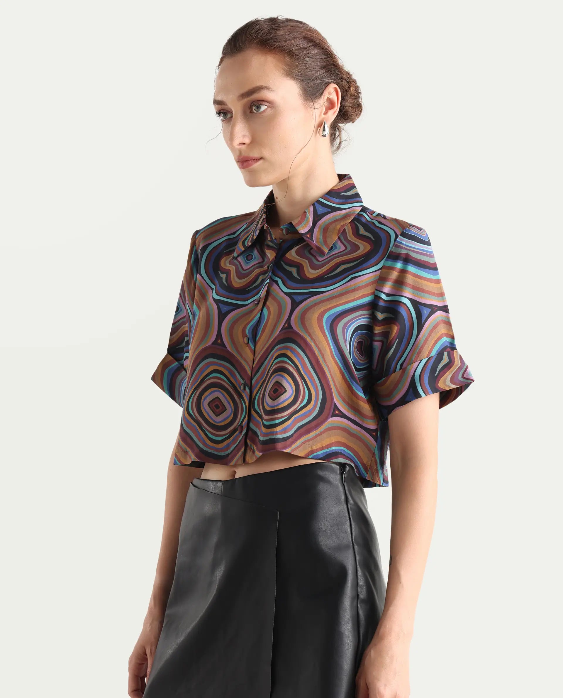 Rareism Women's Janber Dark Multi Viscose Blend Spread Collar Abstract Print Crop Regular Fit Shirt