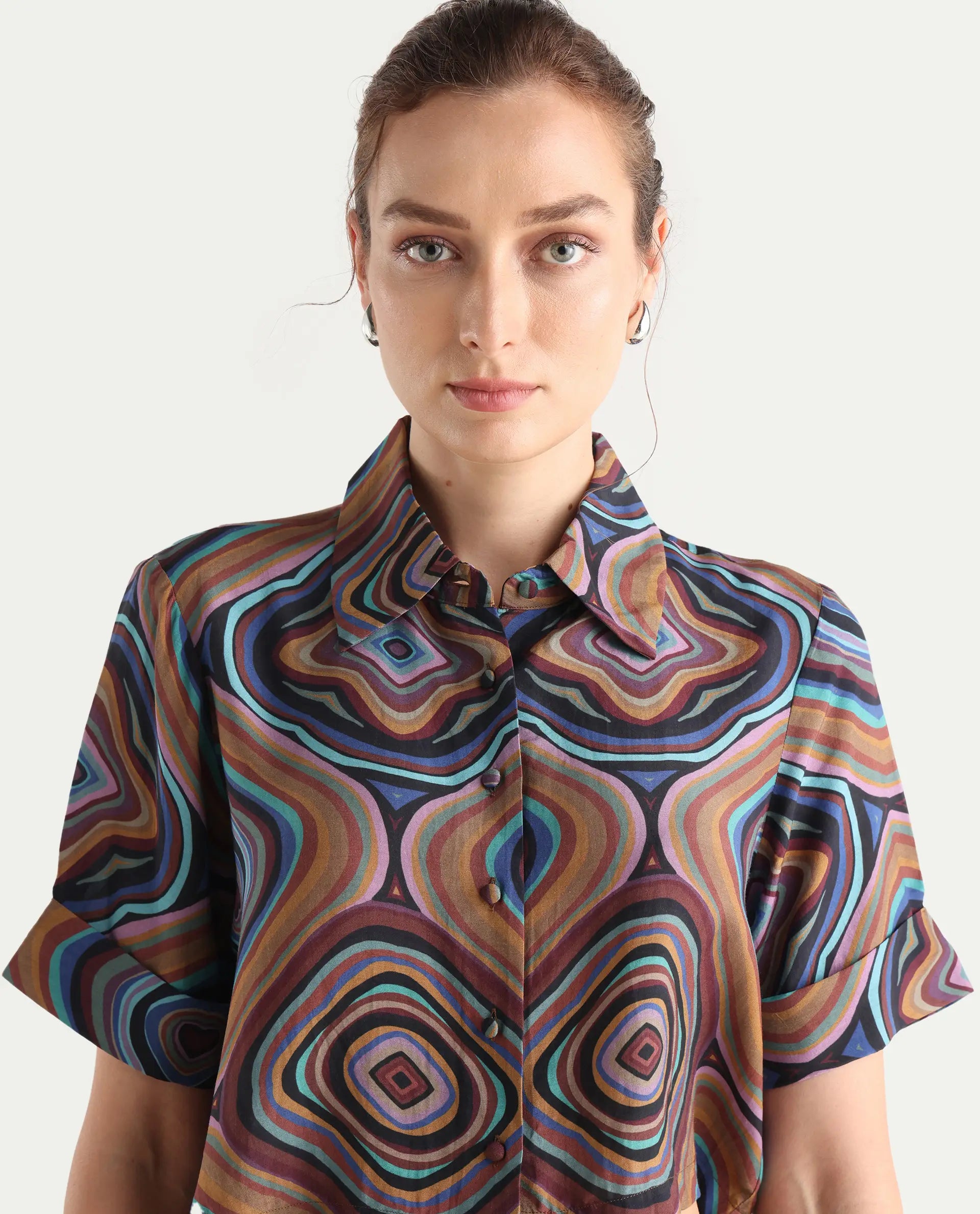Rareism Women's Janber Dark Multi Viscose Blend Spread Collar Abstract Print Crop Regular Fit Shirt