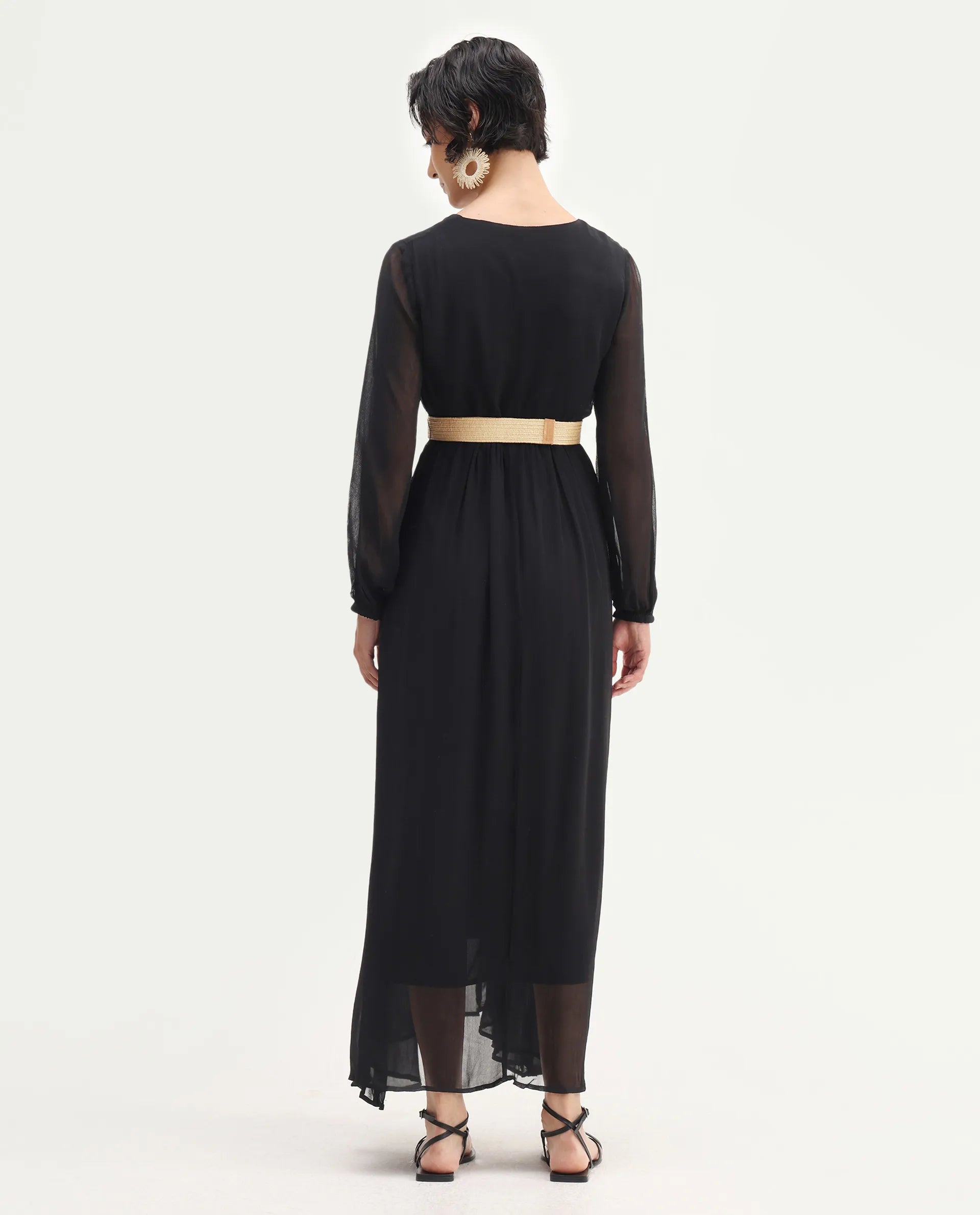 Rareism Women's Janclin Black Viscose V-Neck Plain Bishop Sleeve Maxi Fit And Flare Dress