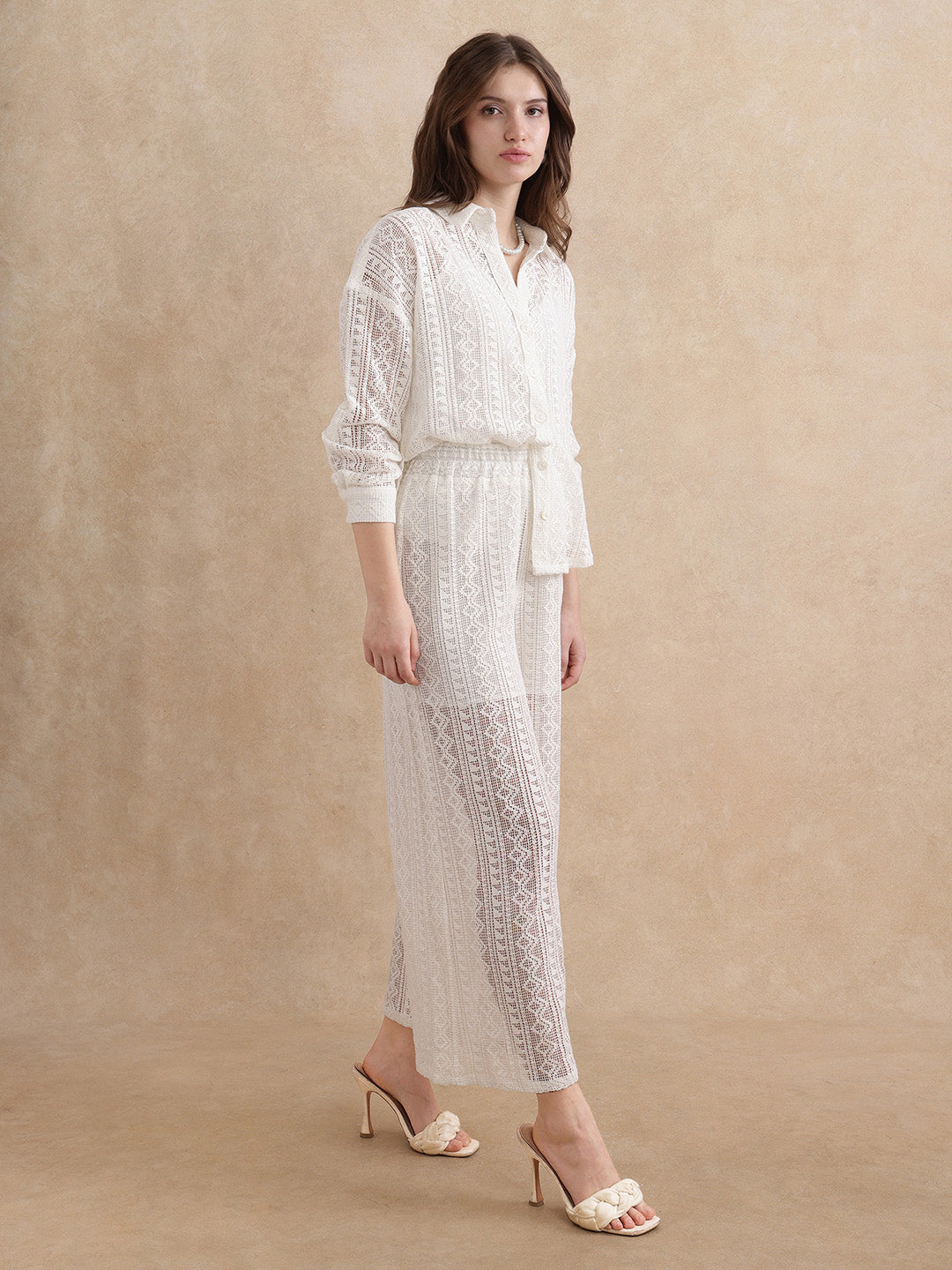 Rareism Women Jancodam-B Beige Cotton Fabric V-Neck Wide Fit Ankle Length Plain Trouser