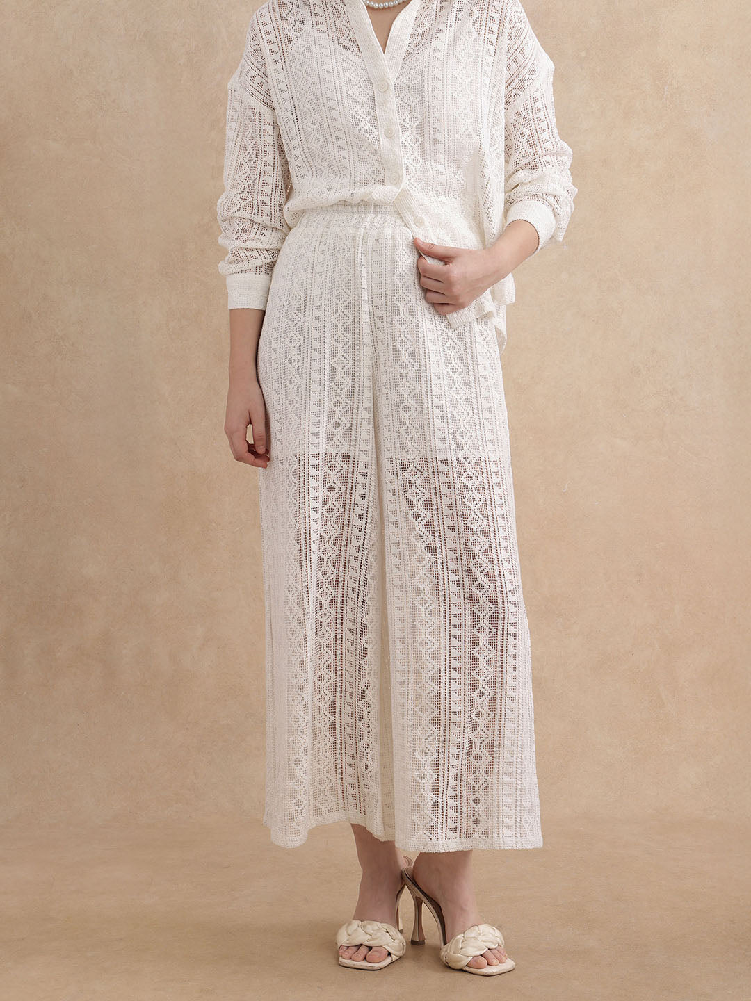 Rareism Women Jancodam-B Beige Cotton Fabric V-Neck Wide Fit Ankle Length Plain Trouser