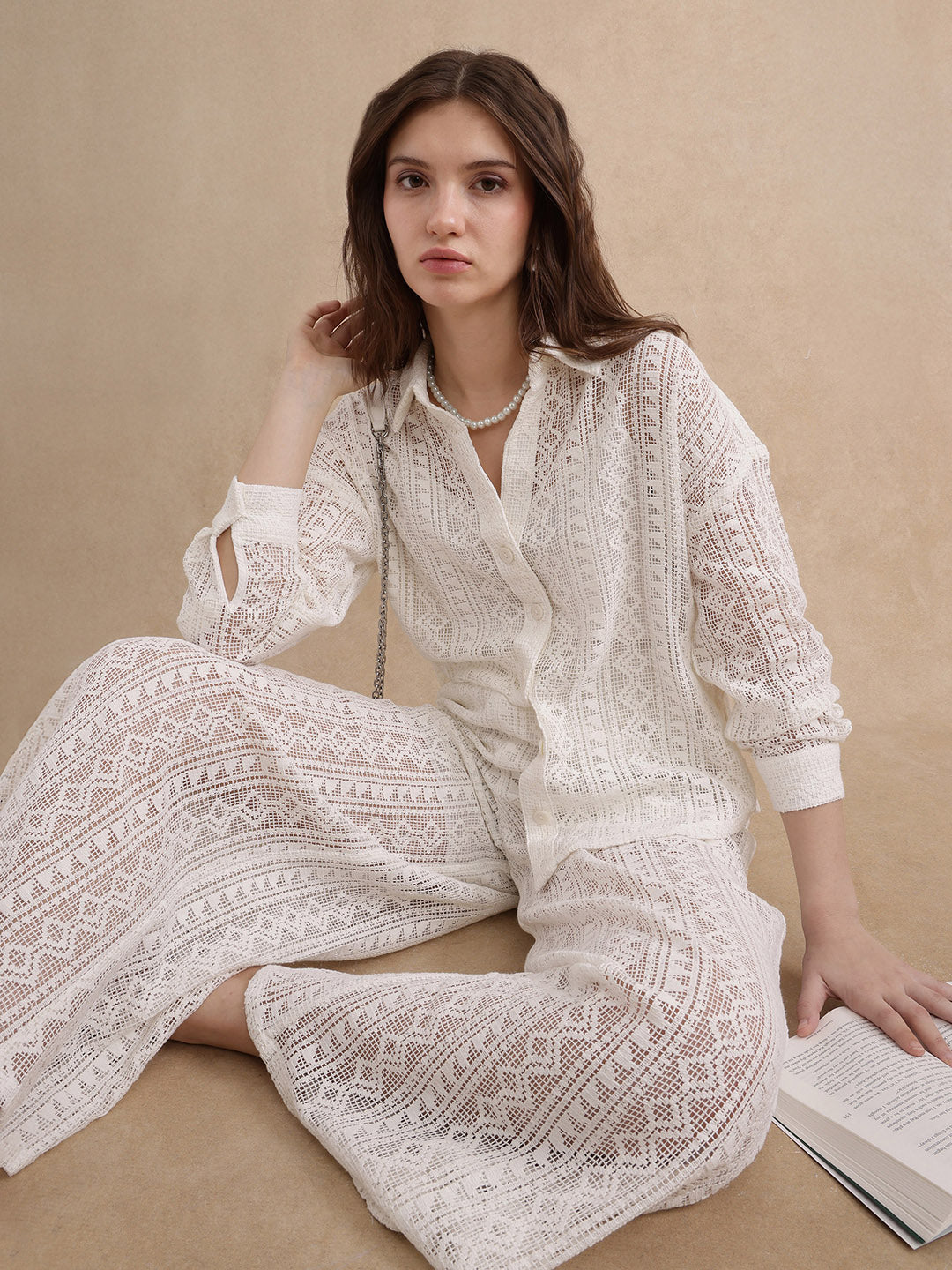 Rareism Women Jancodam-B Beige Cotton Fabric V-Neck Wide Fit Ankle Length Plain Trouser