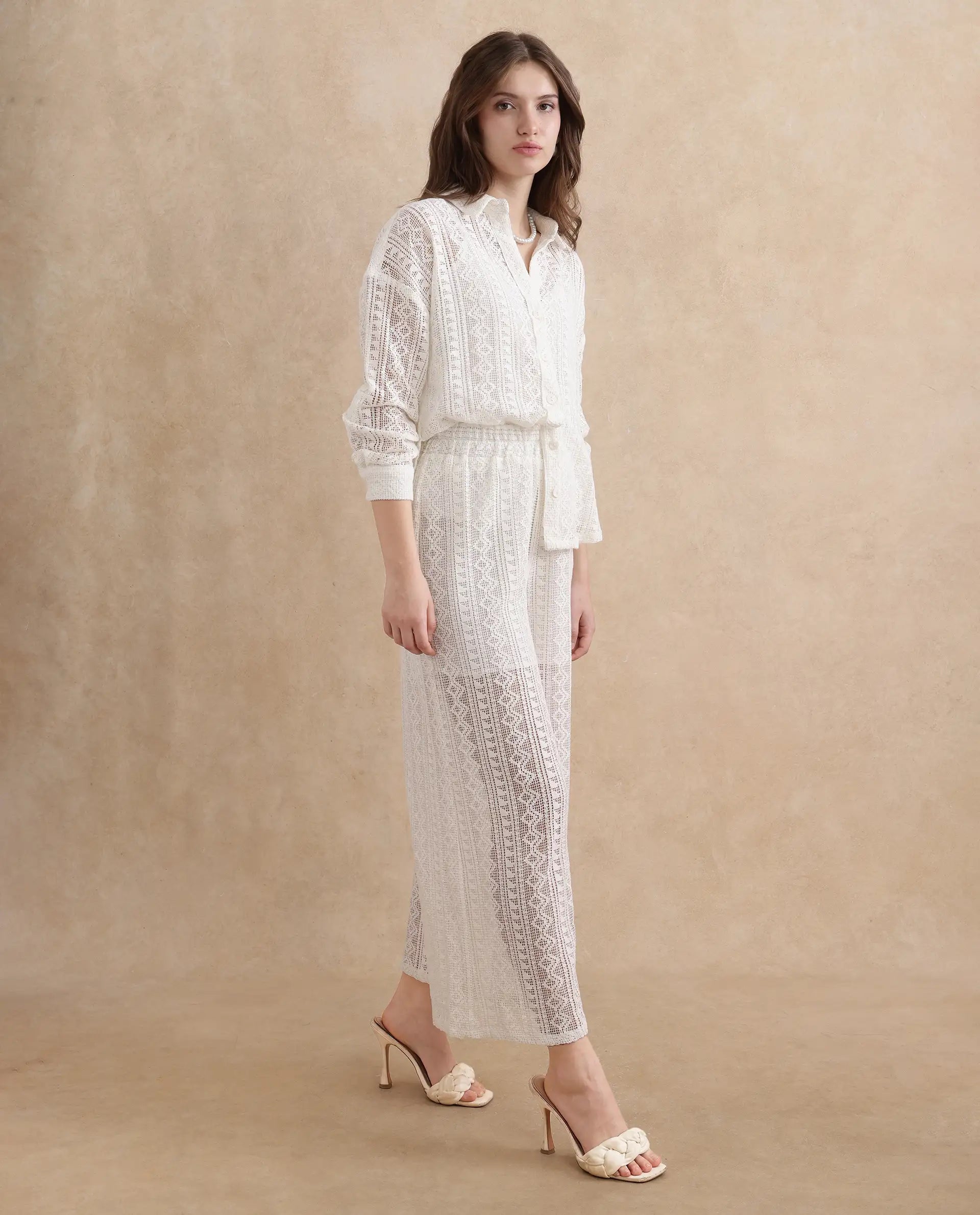 Rareism Women Jancodam-T White Cotton Fabric Cuffed Sleeve V-Neck Relaxed Fit Plain Shirt