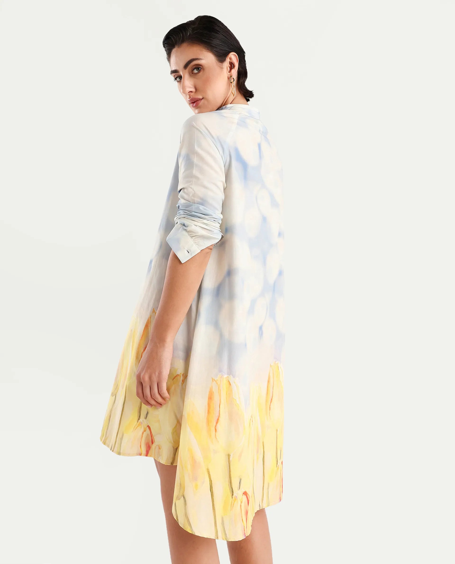 Rareism Women's Jancon Light Multi Modal Band Collar Floral Print Raglan Sleeve Mini A-Line Dress