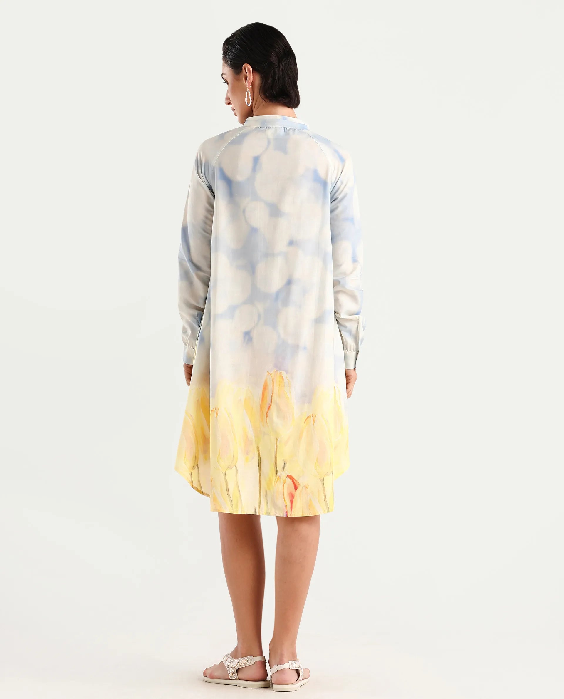 Rareism Women's Jancon Light Multi Modal Band Collar Floral Print Raglan Sleeve Mini A-Line Dress