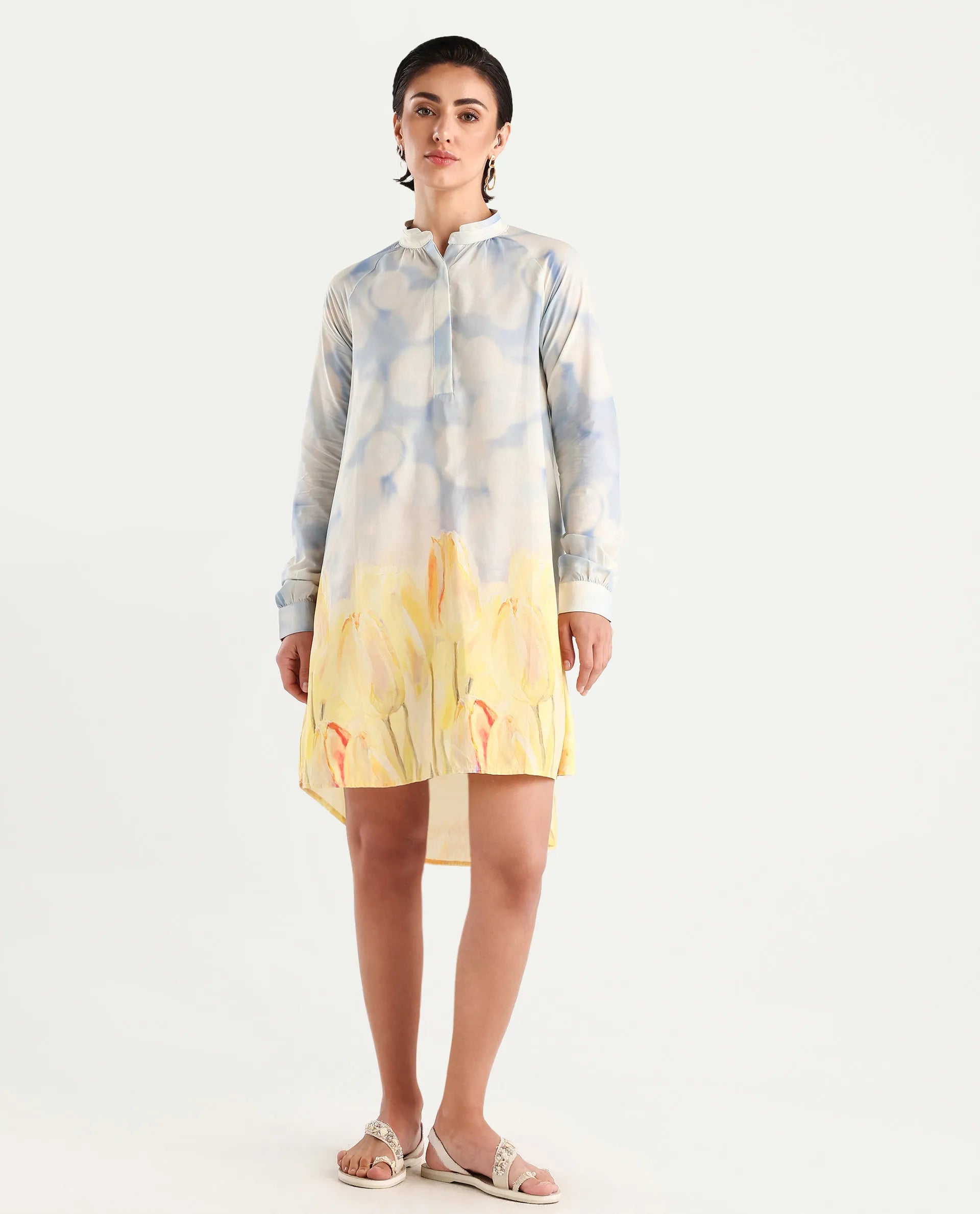 Rareism Women's Jancon Light Multi Modal Band Collar Floral Print Raglan Sleeve Mini A-Line Dress