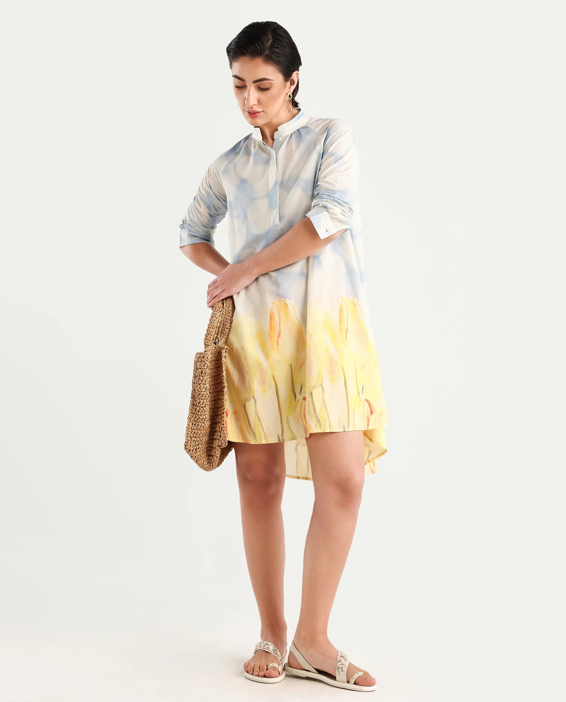 Rareism Women's Jancon Light Multi Modal Band Collar Floral Print Raglan Sleeve Mini A-Line Dress