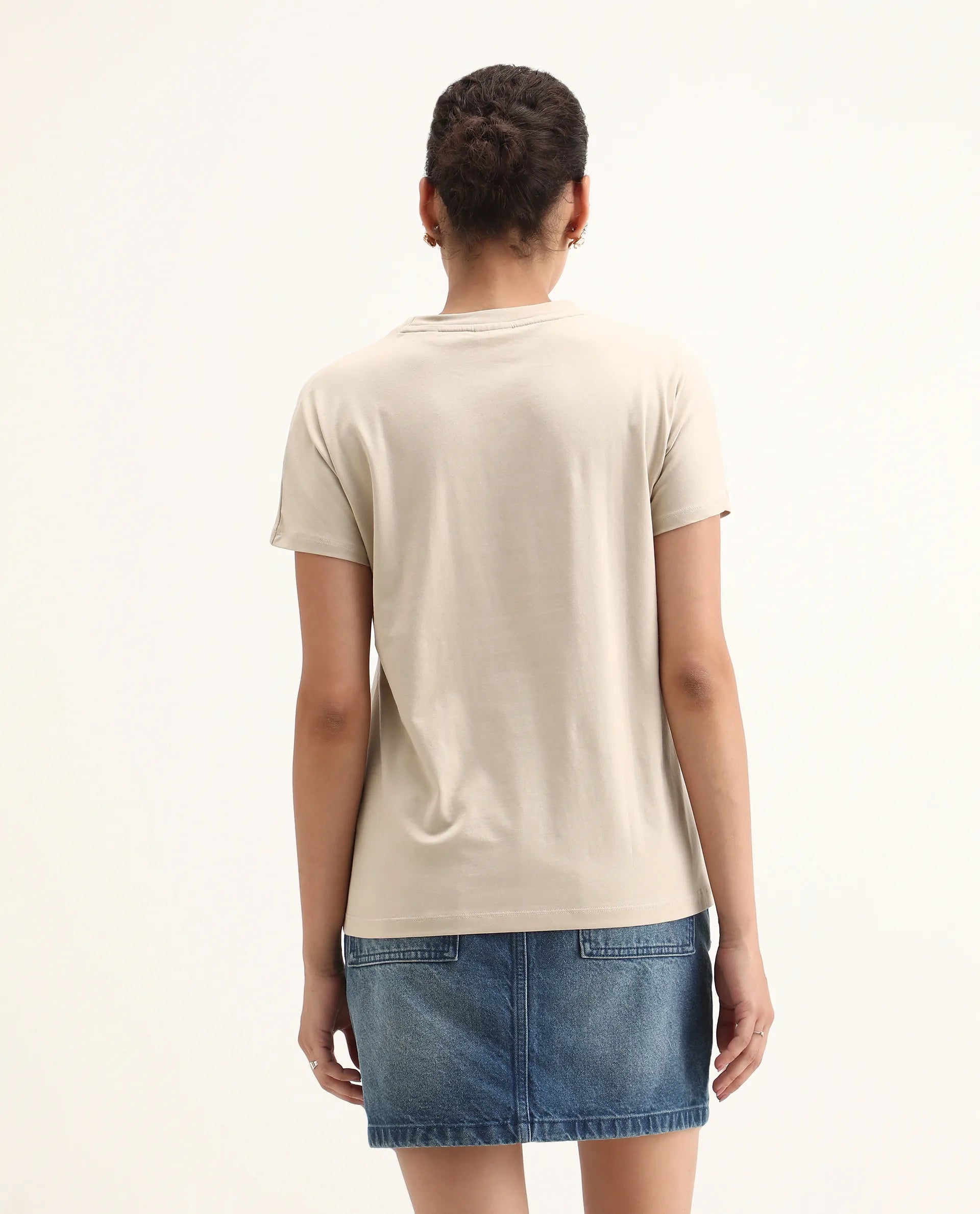 Rareism Women's Jancor Beige Cotton Blend Round Neck Plain Regular Fit T-Shirt