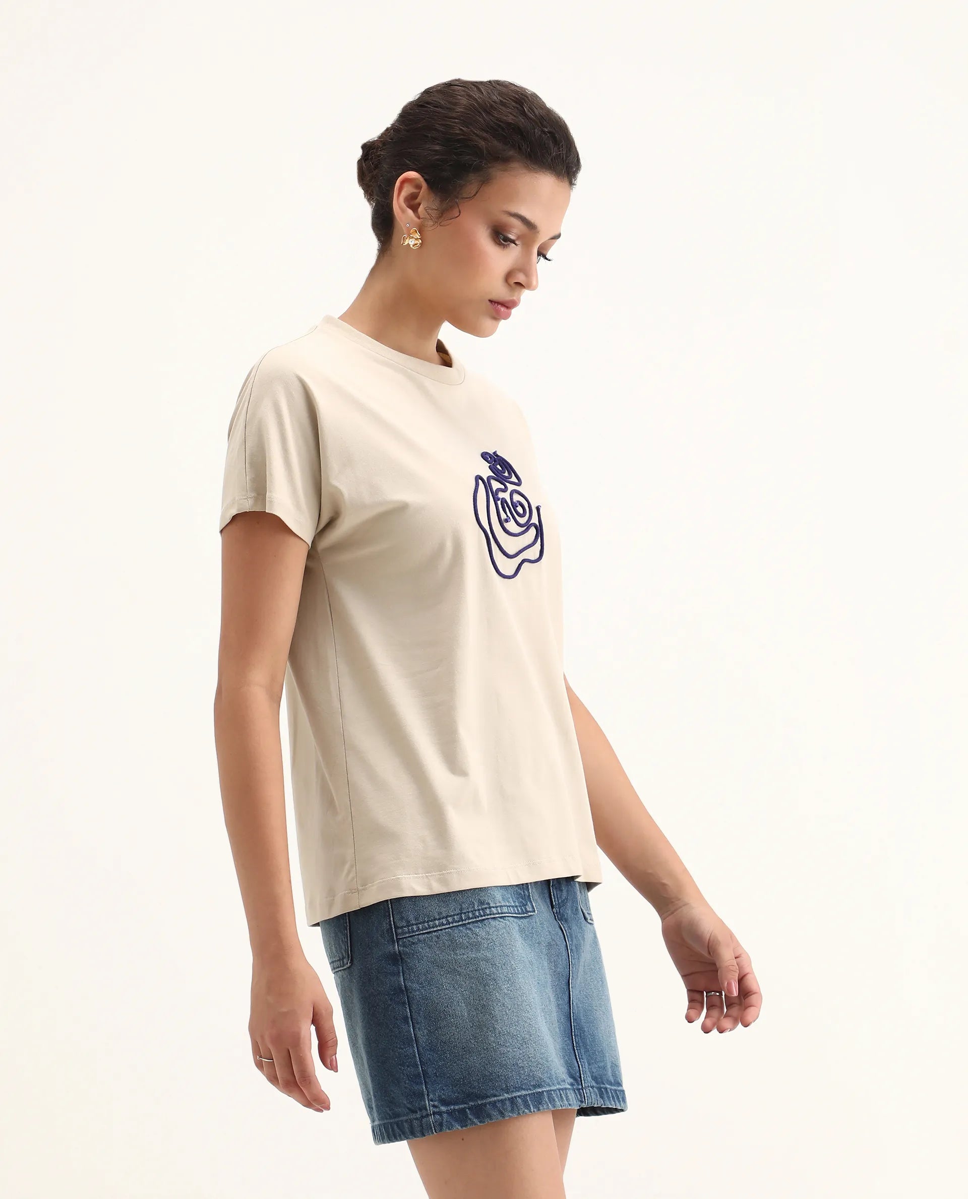 Rareism Women's Jancor Beige Cotton Blend Round Neck Plain Regular Fit T-Shirt