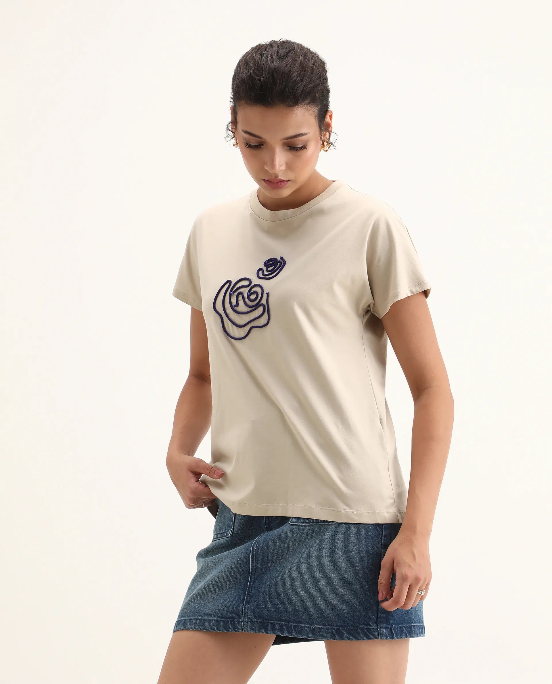 Rareism Women's Jancor Beige Cotton Blend Round Neck Plain Regular Fit T-Shirt