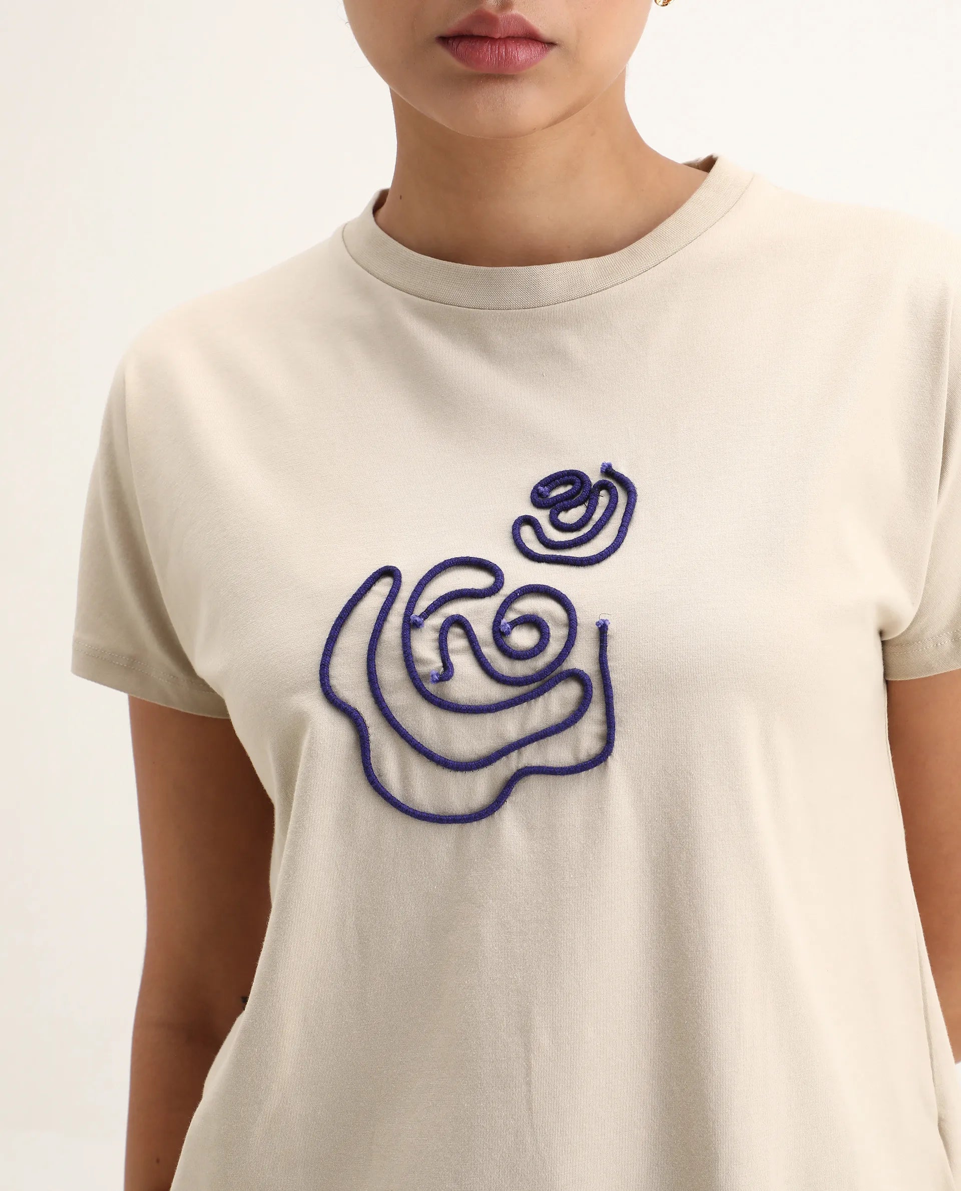 Rareism Women's Jancor Beige Cotton Blend Round Neck Plain Regular Fit T-Shirt