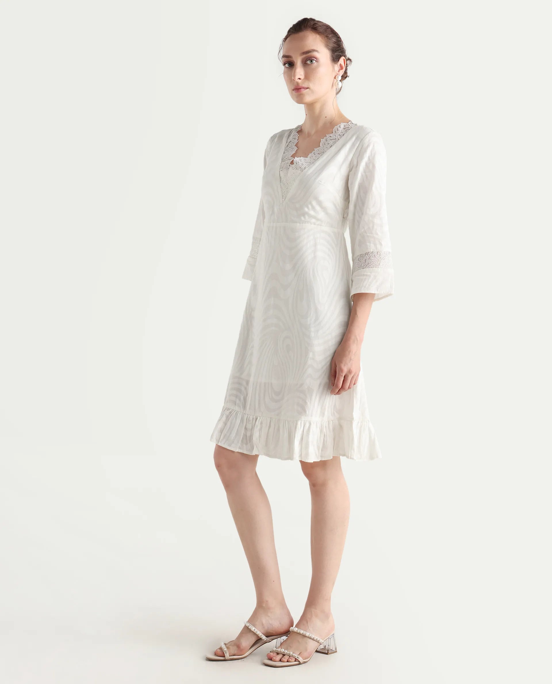 Rareism Women's Jancuol Off White Cotton V-Neck Plain Bell Sleeve Knee Length Fit And Flare Dress