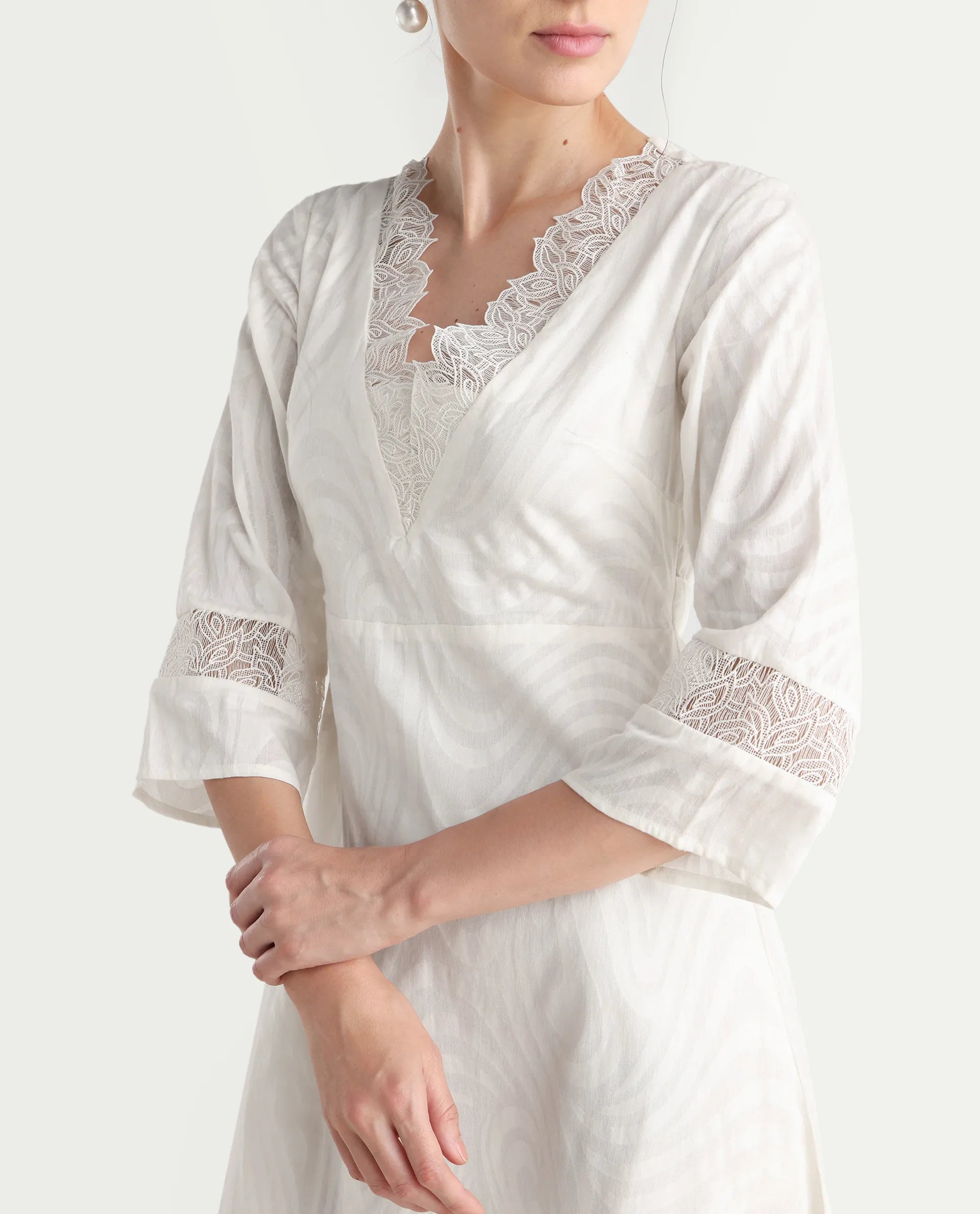 Rareism Women's Jancuol Off White Cotton V-Neck Plain Bell Sleeve Knee Length Fit And Flare Dress