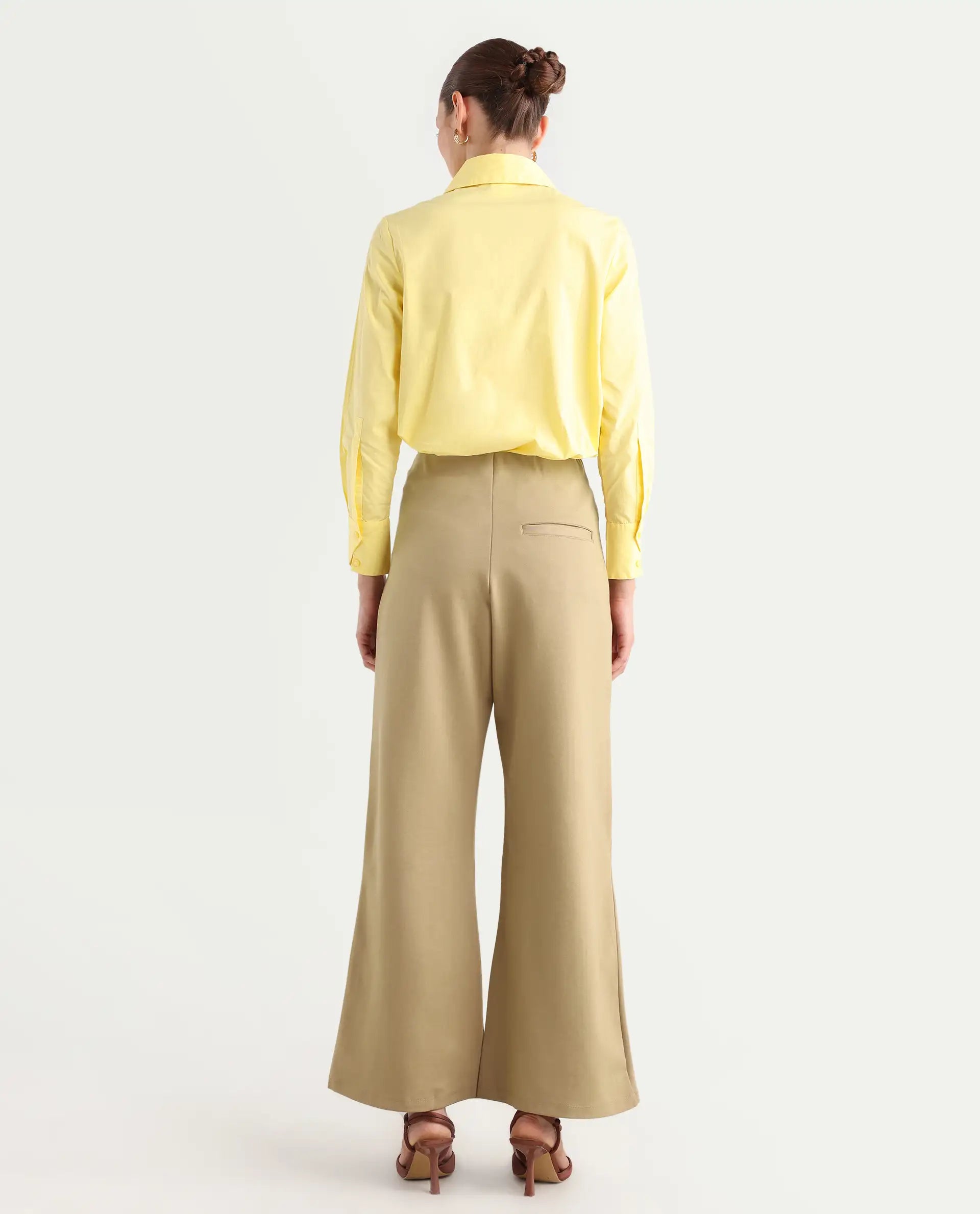 Rareism Women's Jancura Beige Rayon Plain Ankle Length Bootcut Trouser