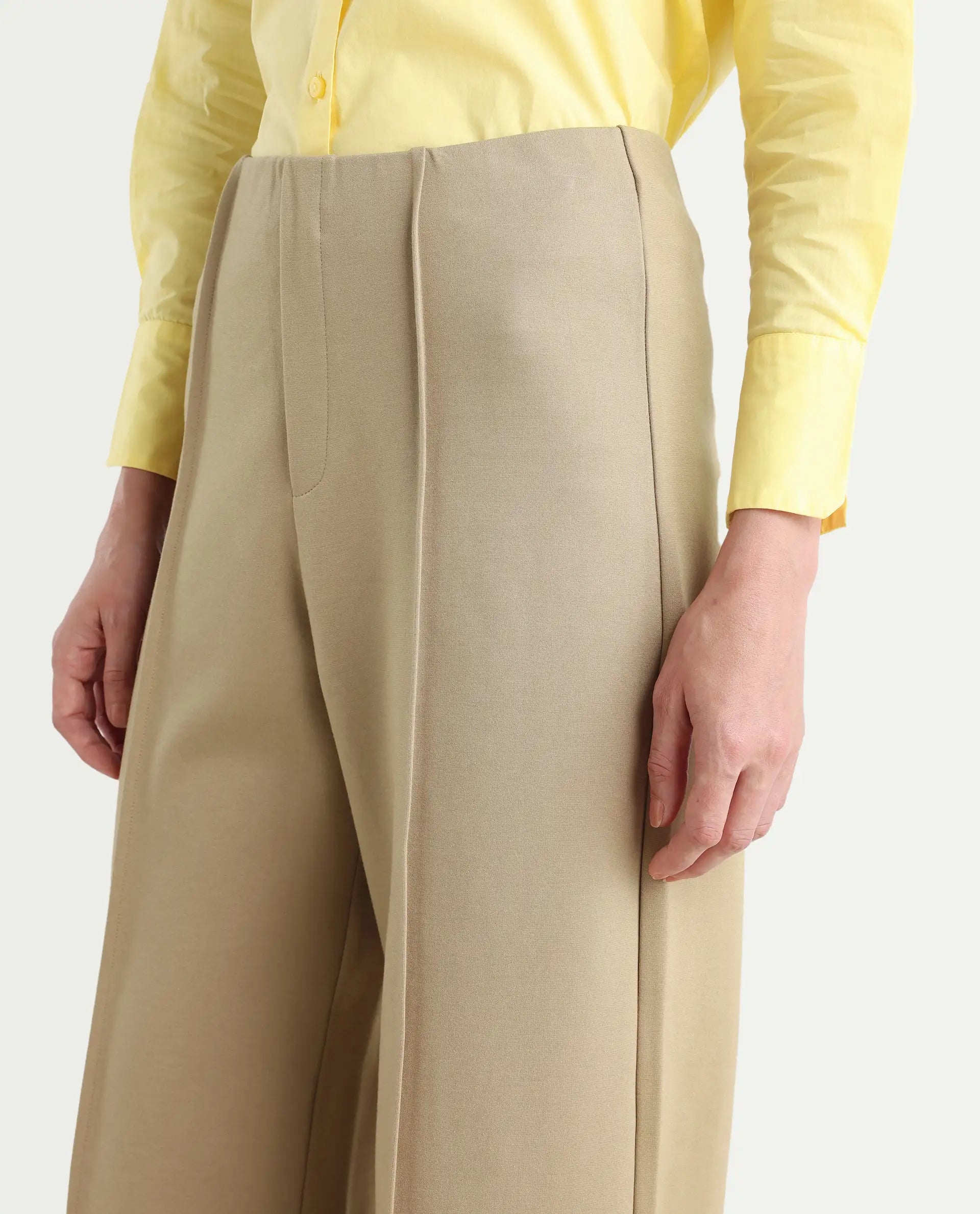 Rareism Women's Jancura Beige Rayon Plain Ankle Length Bootcut Trouser